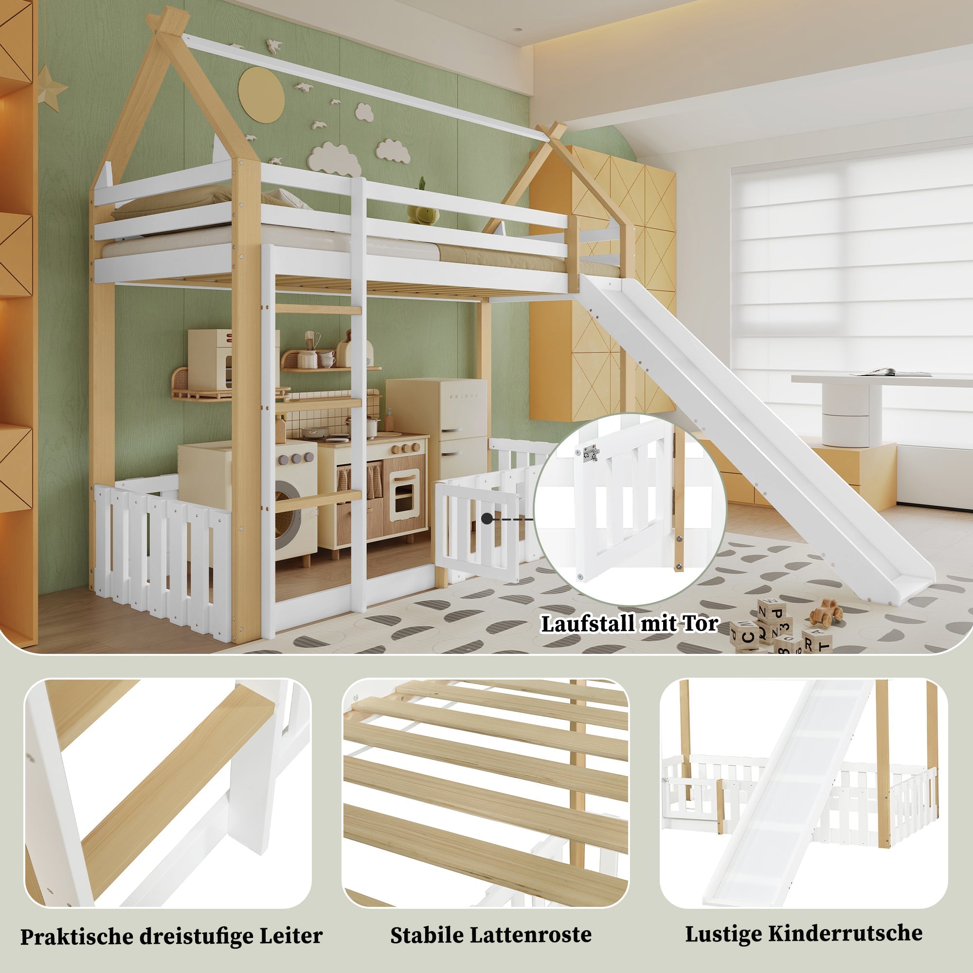 Bunk Bed with Slide & Ladder, Roof Shape, Pine + MDF + Plywood, White + Natural