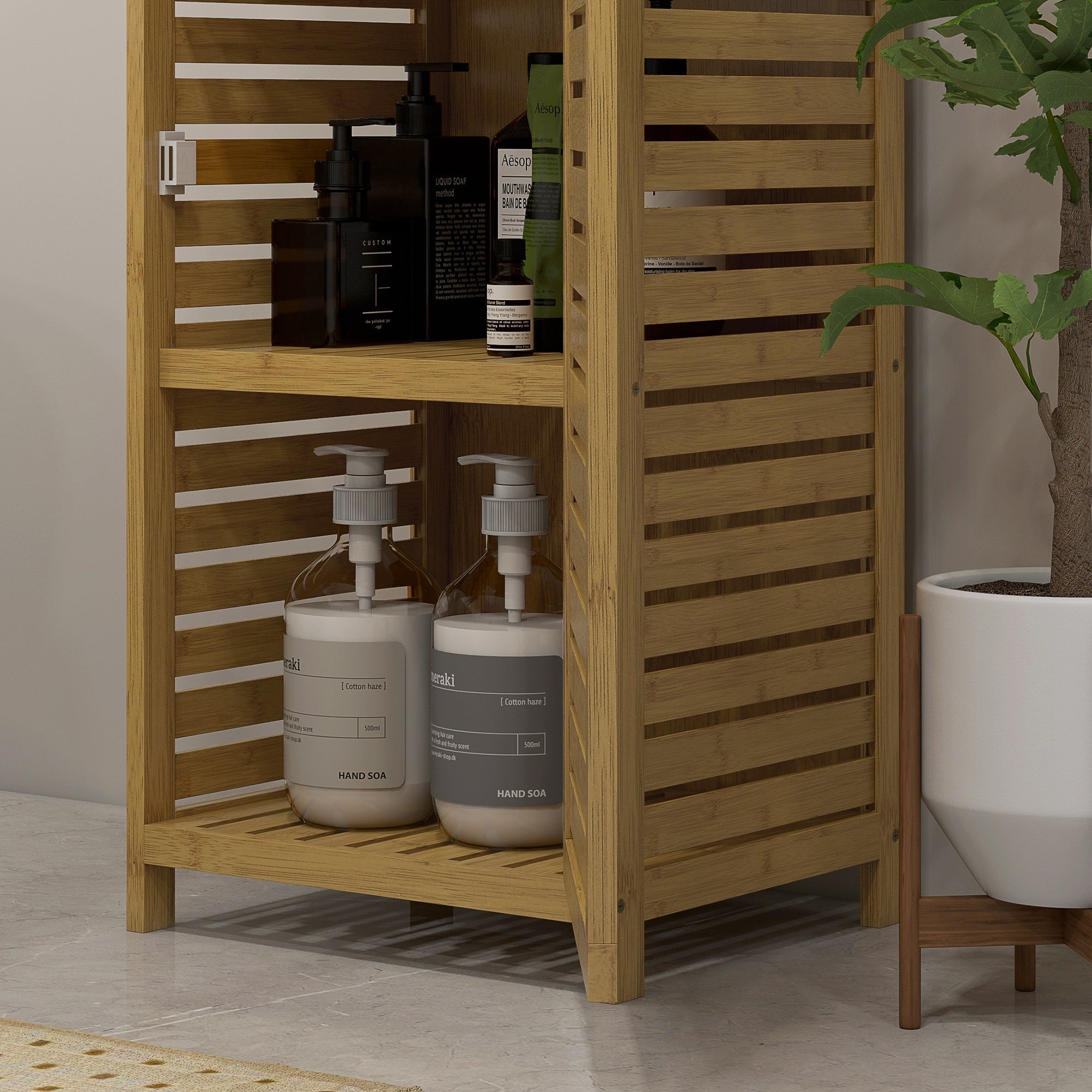 Bathroom Cabinet Bamboo, Cupboard 3 Open Shelves Anti-Tip, Natural Wood