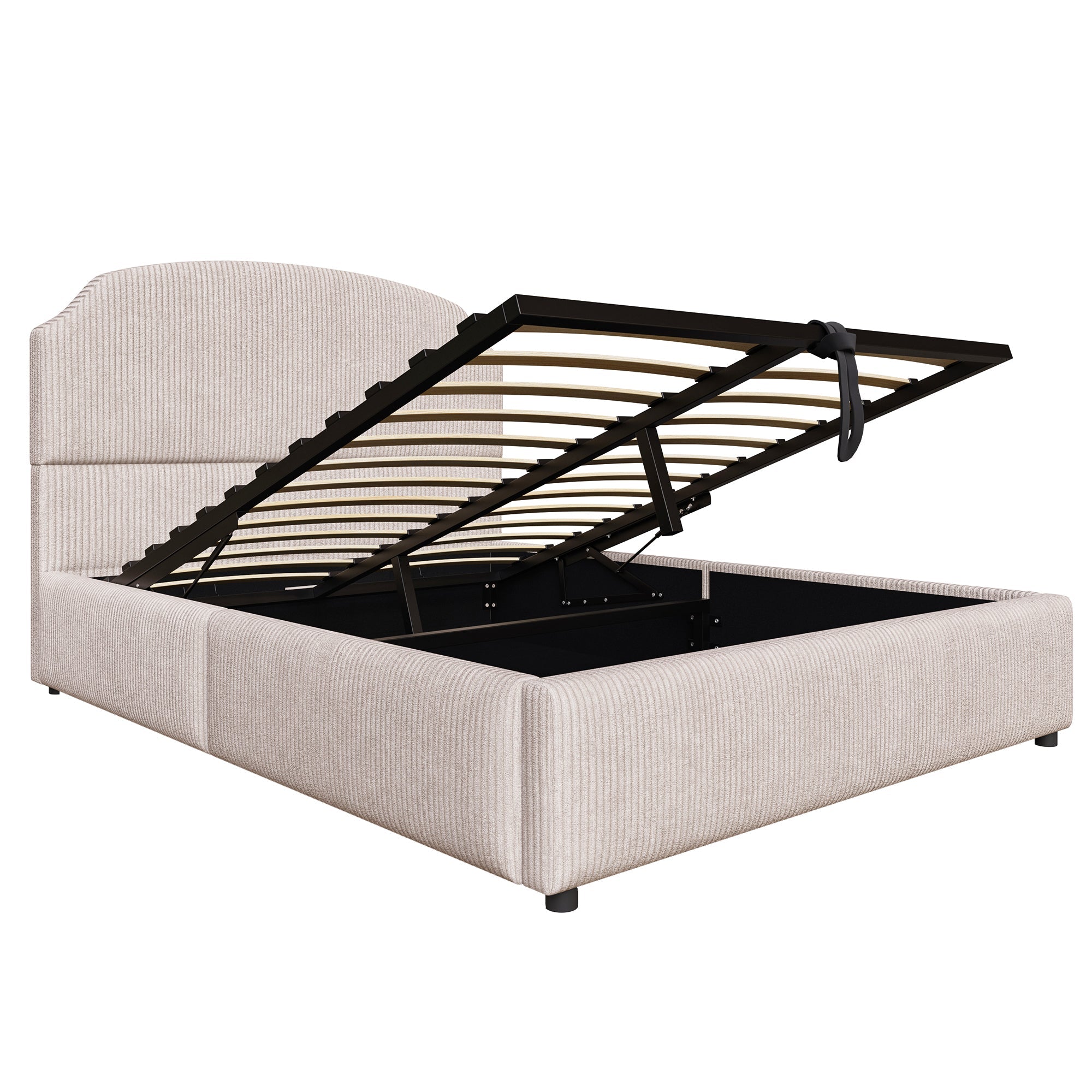 Upholstered Double Bed 140x200 with Hydraulic Storage and Wide Headboard, Beige Striped Plush