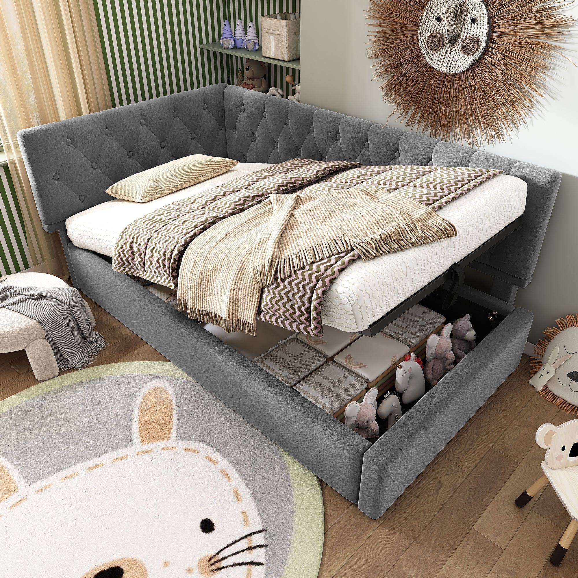 Upholstered Day Bed, 90x200cm Sofa Bed with Hydraulic Storage, Velvet Gray