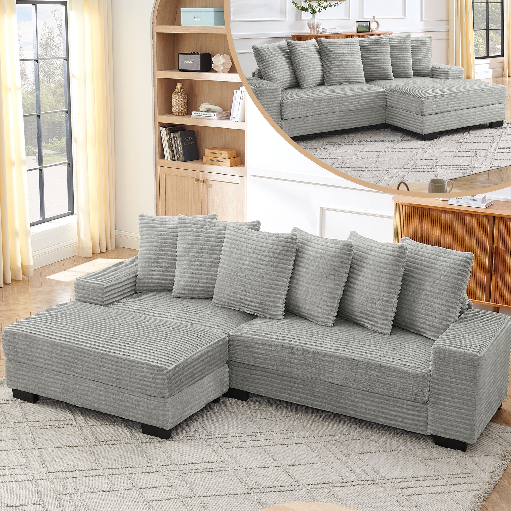 L-shaped Corner Sofa 4-Seater Modular Corduroy with 6 Cushions - Gray
