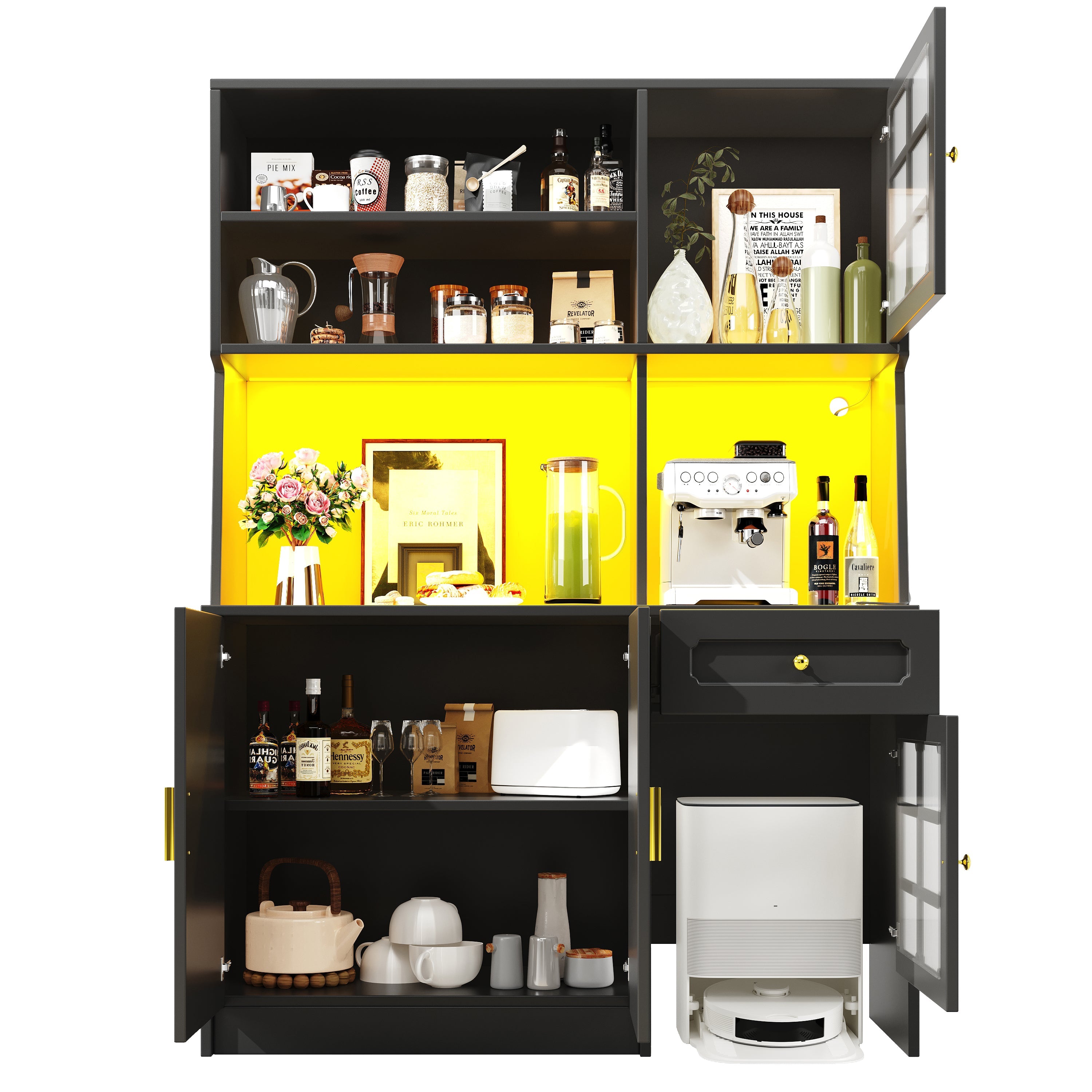 Tall Kitchen Cabinet Sideboard with Glass Doors and LED Lighting, Black