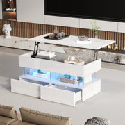 Liftable Coffee Table, Height-Adjustable Hidden Storage LED 2 Drawers, White MDF/Acrylic