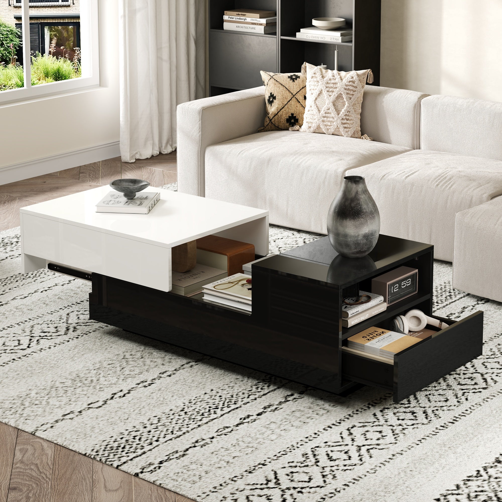 Coffee Table 100x50x38cm, High-Gloss with 1 Drawer & Sliding Top, Black and White Stitching
