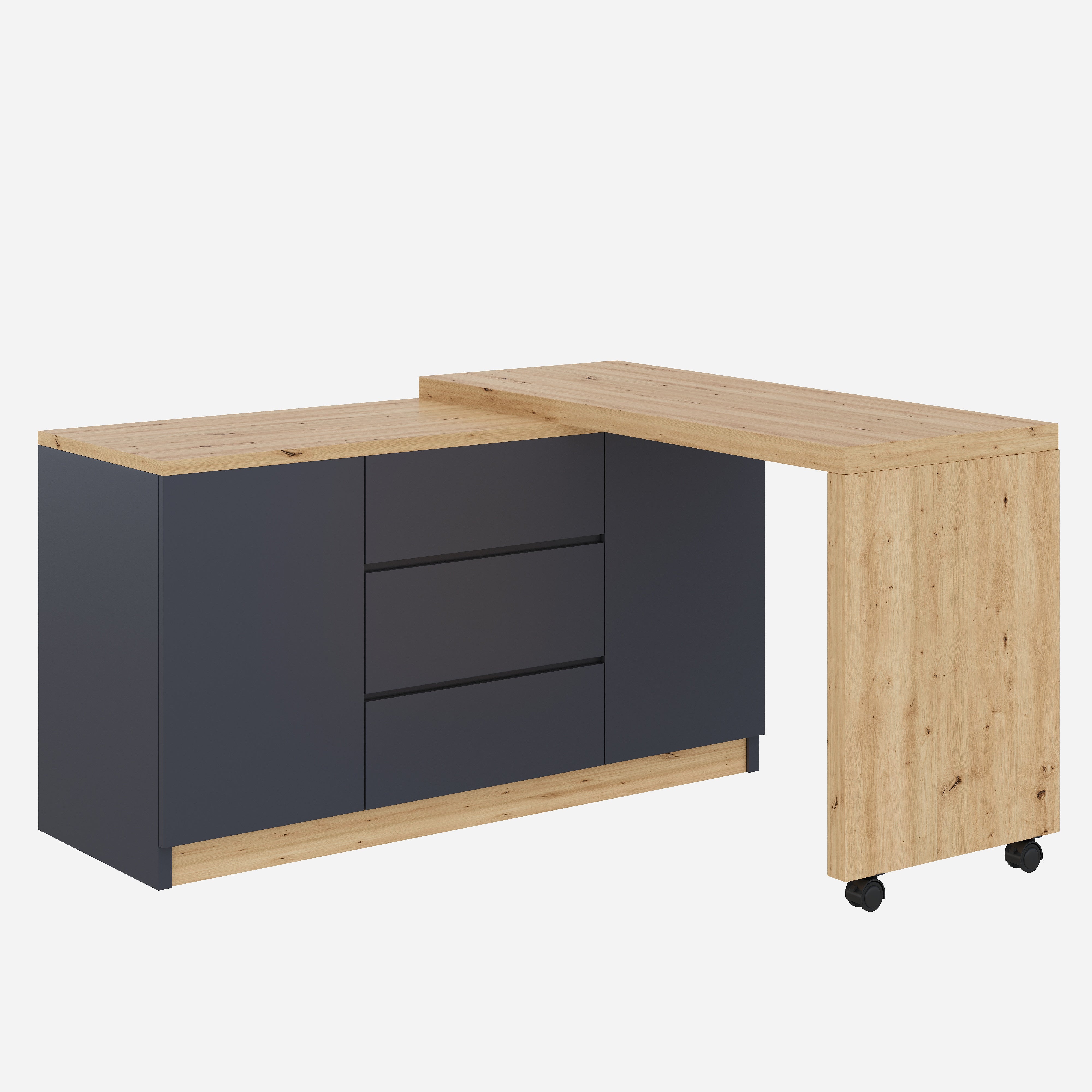 Desk Multifunctional Rotating Foldable Corner Sideboard with Lockable Casters, Grey/Oak