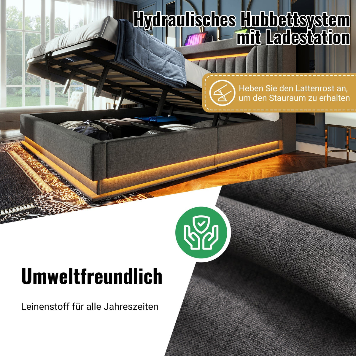 Upholstered Single Bed 90x200cm, Storage Headboard USB/Type-C, Hydraulic Lift, Grey Linen