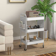 Rolling Cart, 3 Tiers, 2 Hanging Baskets, Steel, White