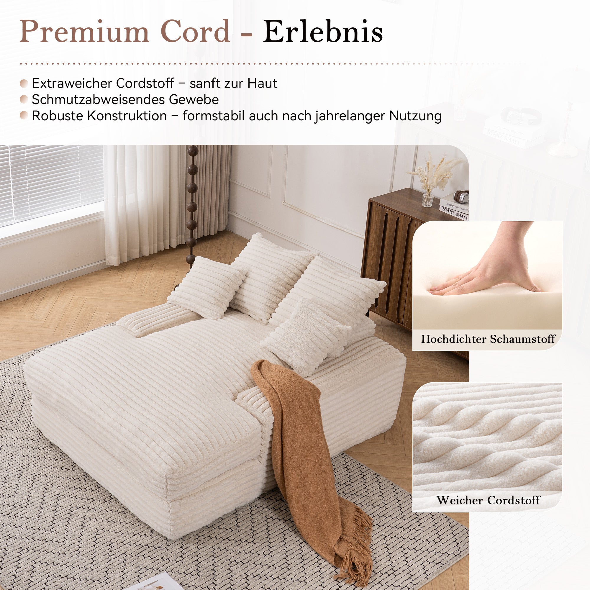 027–Luxury Cord Sofa Bed, Multifunctional Ultra-Soft Space-Saving, Beige