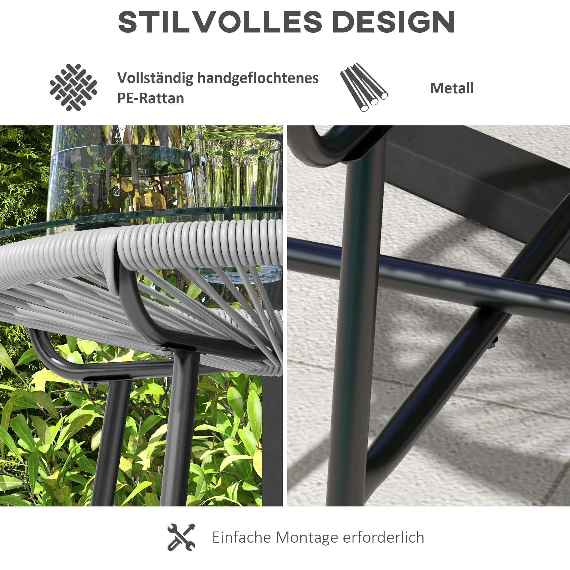Rattan Table Round Glass Top 50x50x50cm Black/Grey