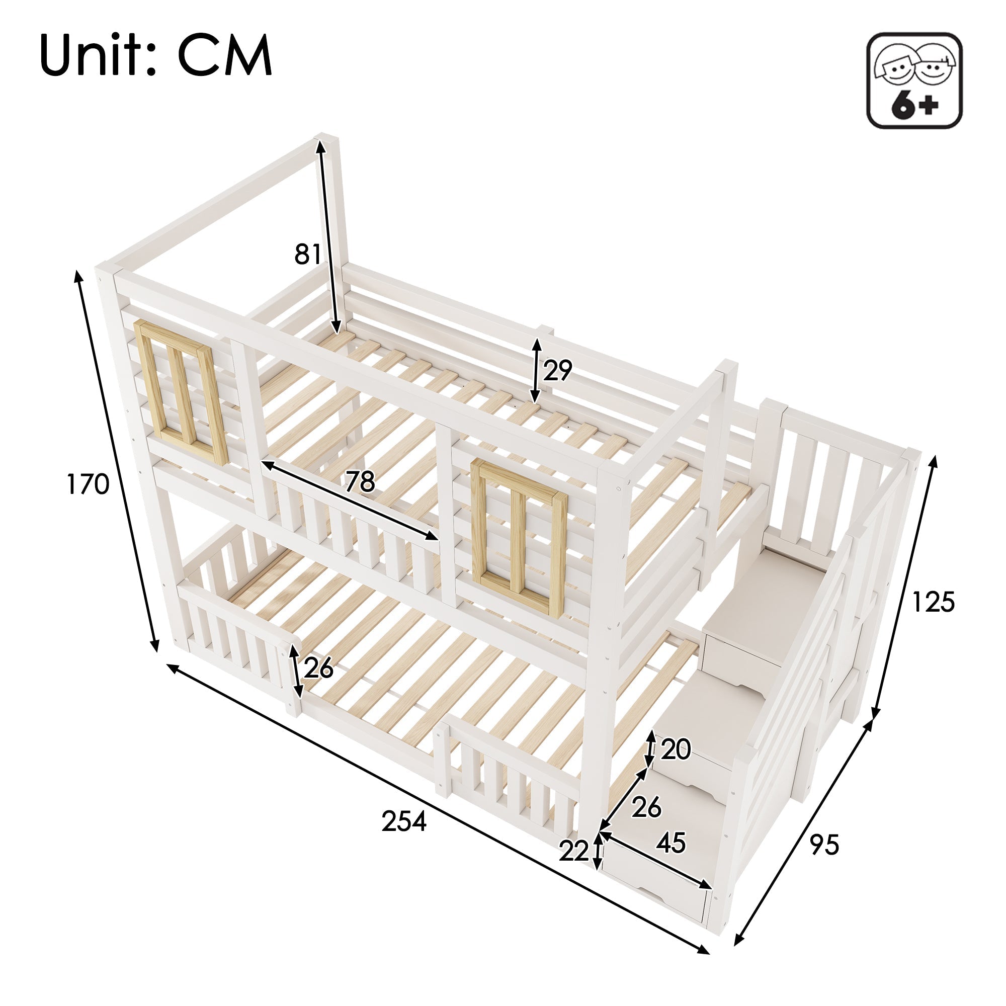 Bunk Bed with Cabin Style Windows and Staircase Cupboard, 90x200cm, White Wood