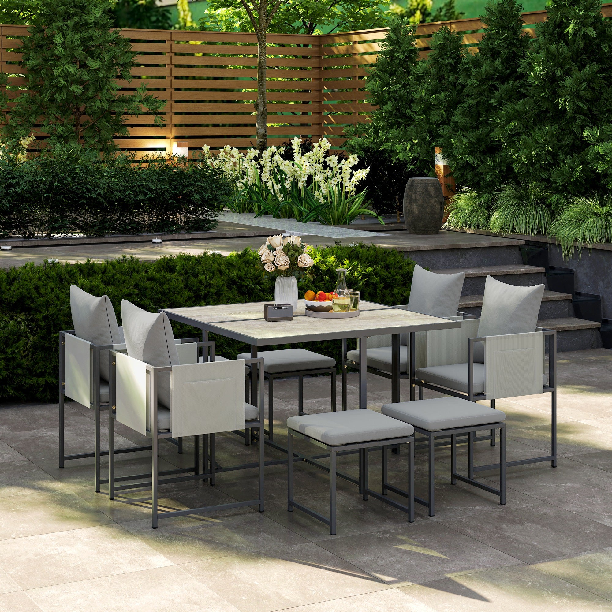 Nine-Piece Garden Dining Set, Steel Frame, Grey