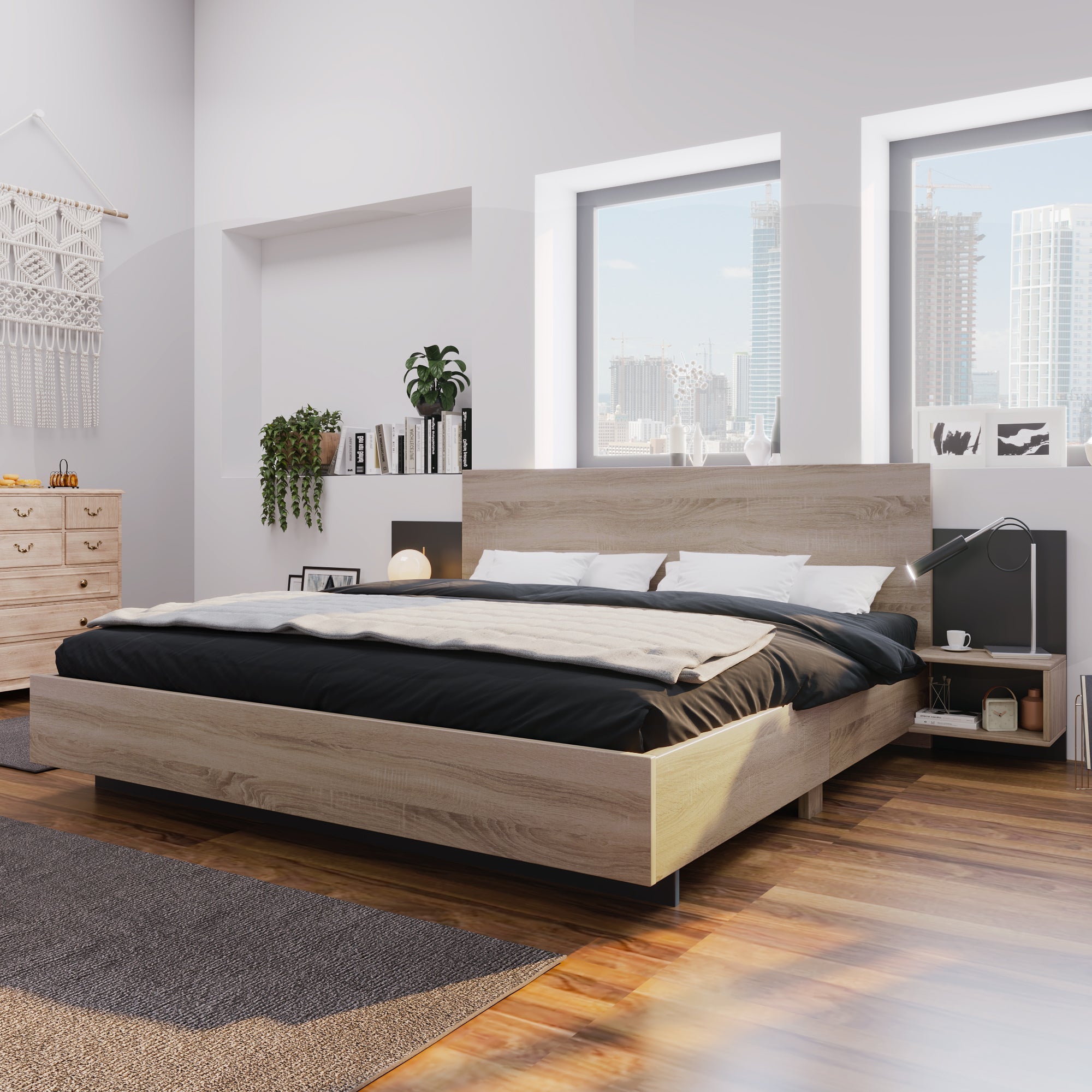 Double Bed Frame Set 160x200cm Modern 2 Bedside Tables, Sonoma Oak/Dark Grey Wood