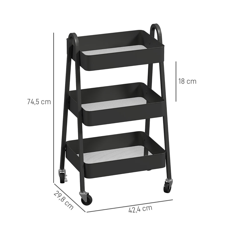 Serving Cart with 3 Levels, Wheels & Brake, Black