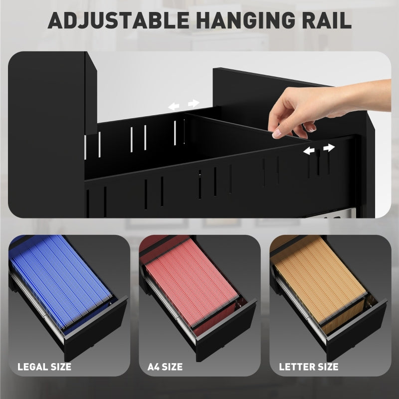 3-Drawer Filing Cabinet with Lock and Wheels - Black Steel