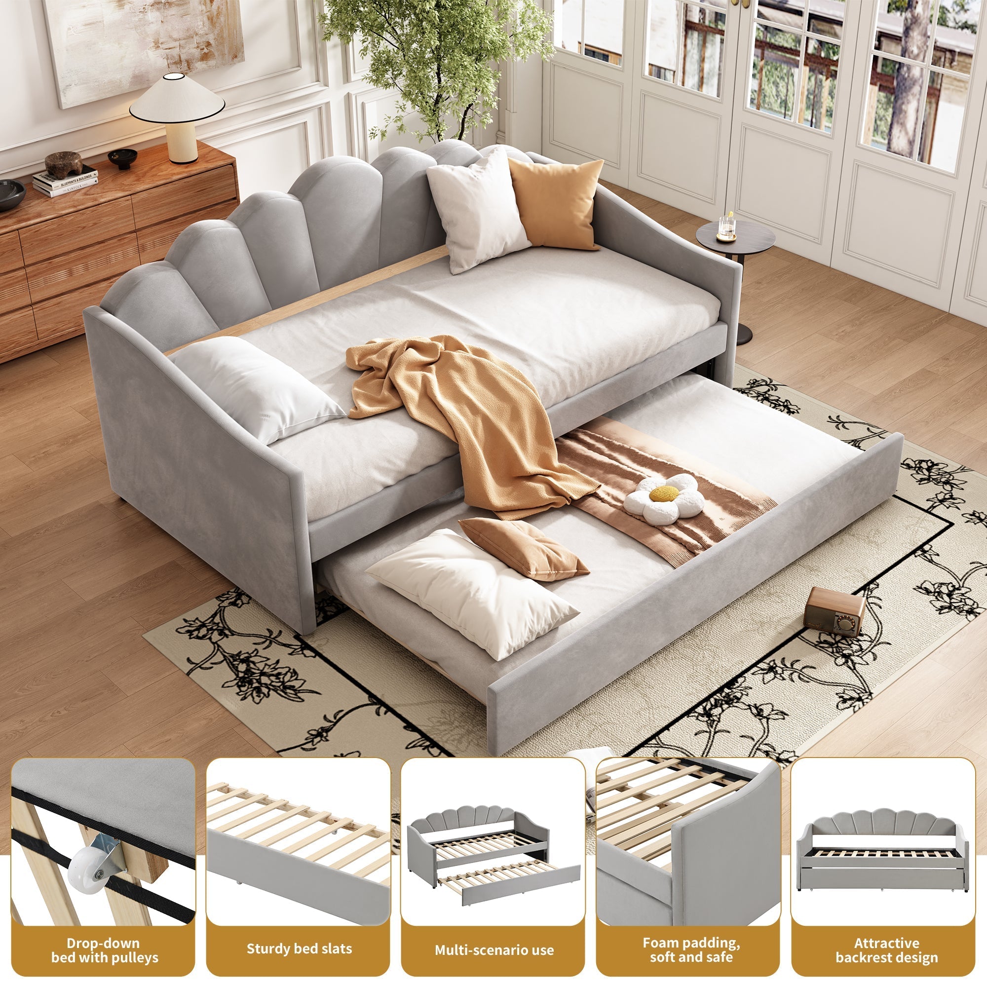 3ft Single Upholstered Bed with Trundle – Grey Velvet Daybed for Adults & Teens