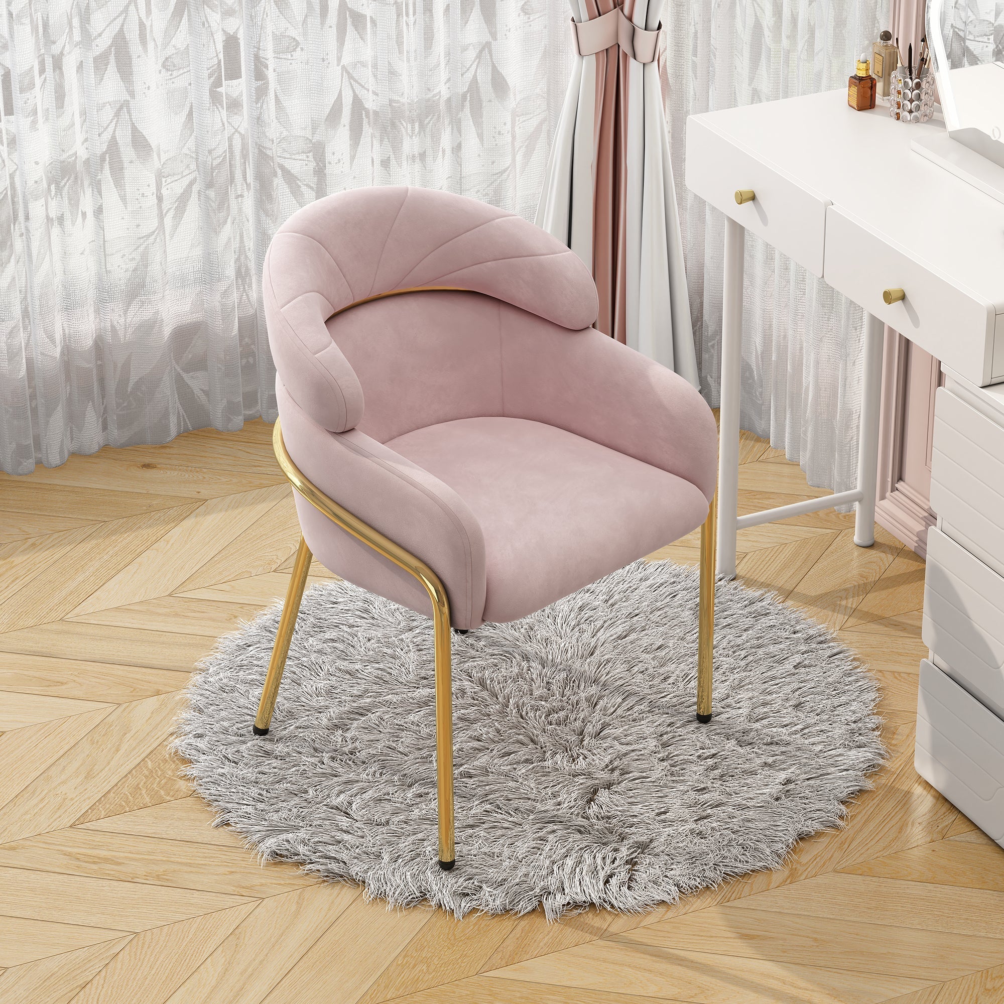 Dining Chair Light Luxury Leisure Metal Legs Velvet Pink