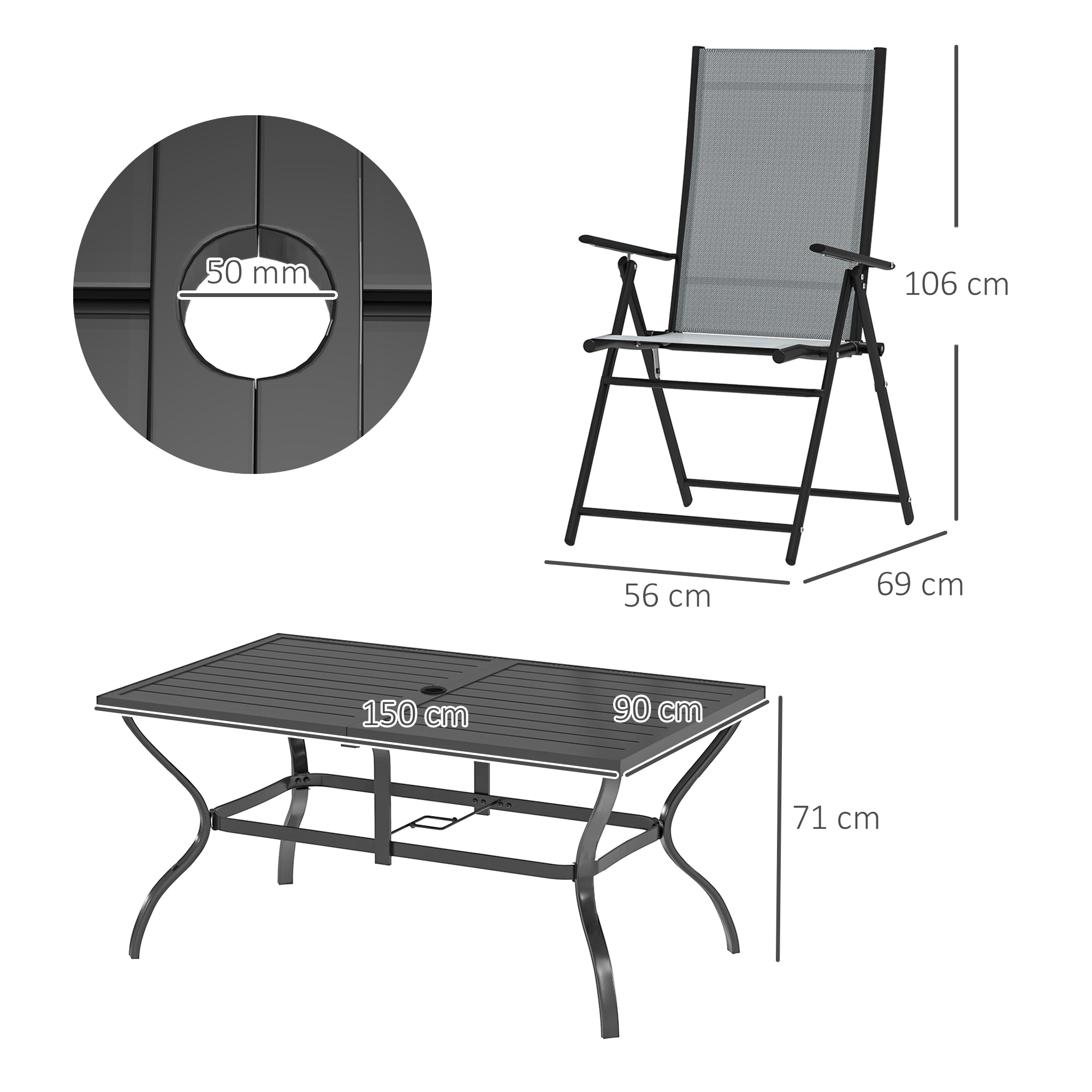 Seven-Piece Dining Set, Parasol Hole, Steel, Grey