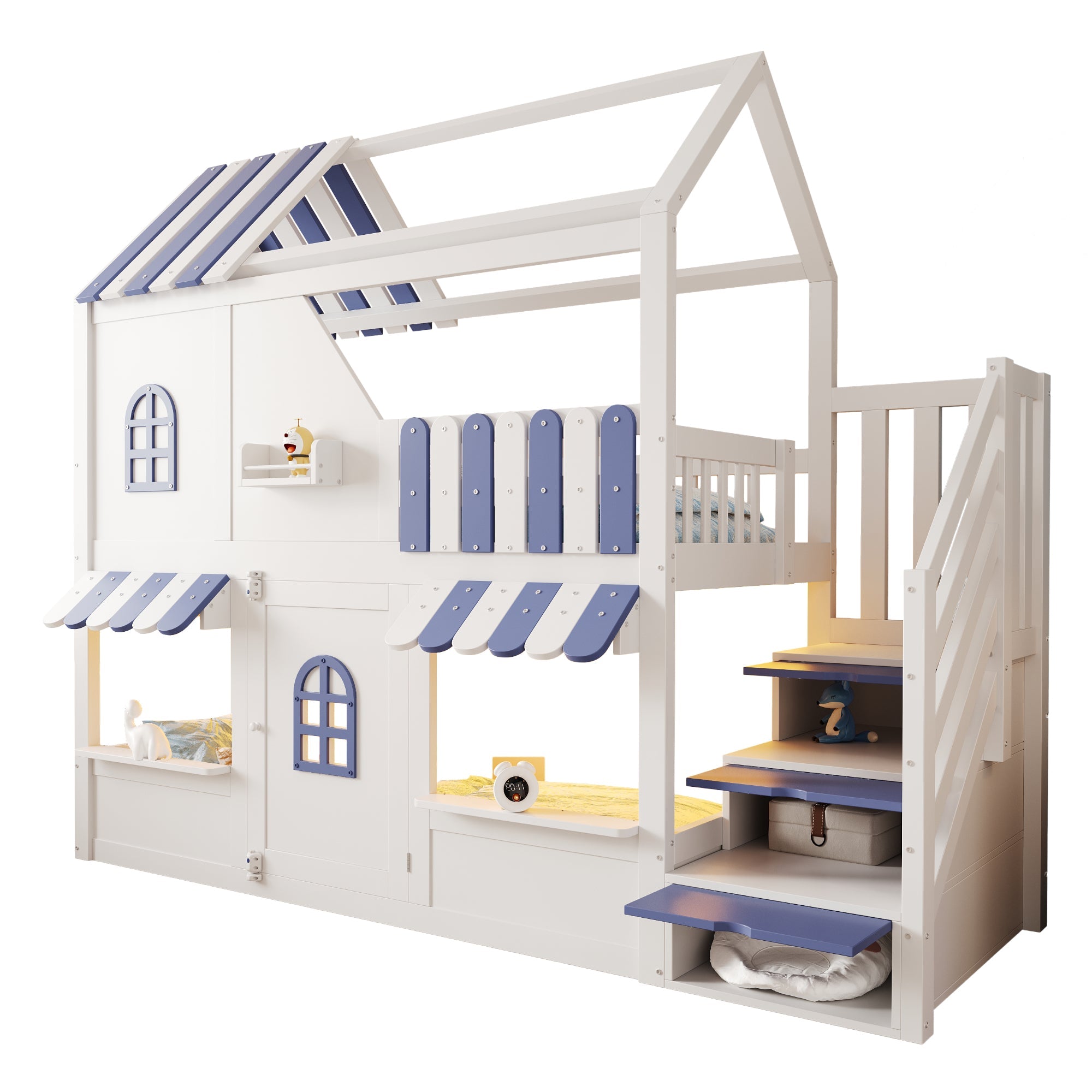 Children's Bunk Bed with House-Shaped Design, Storage Ladder, LED and Shelves, 90x200cm, White + Blue