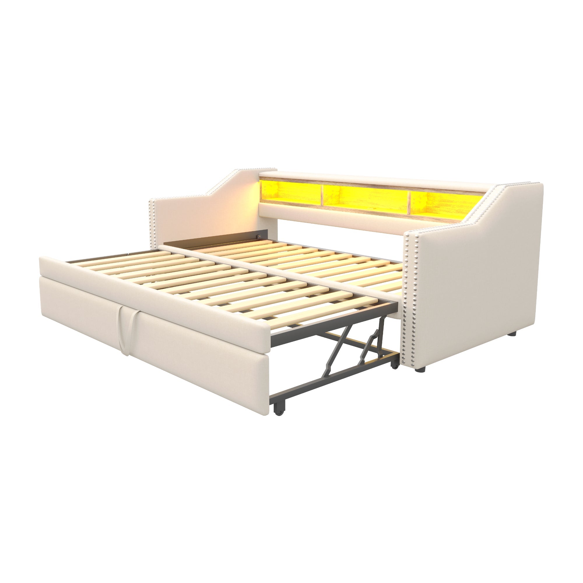 Upholstered Sofa Bed, Pull-Out with Storage, LED & USB, Beige