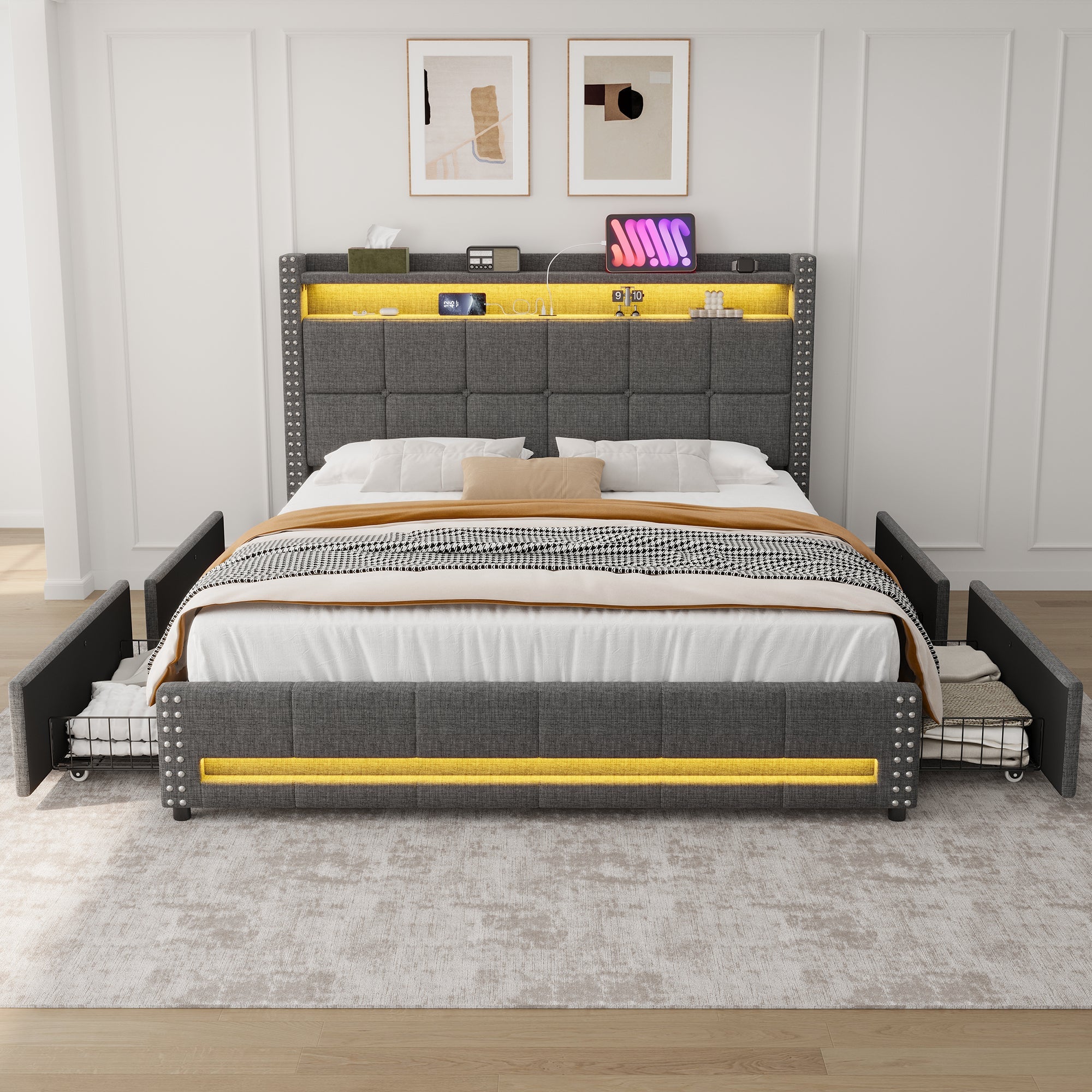 4ft6 Double Upholstered Bed with 4 Storage Drawers, LED Charging Station, Linen Grey