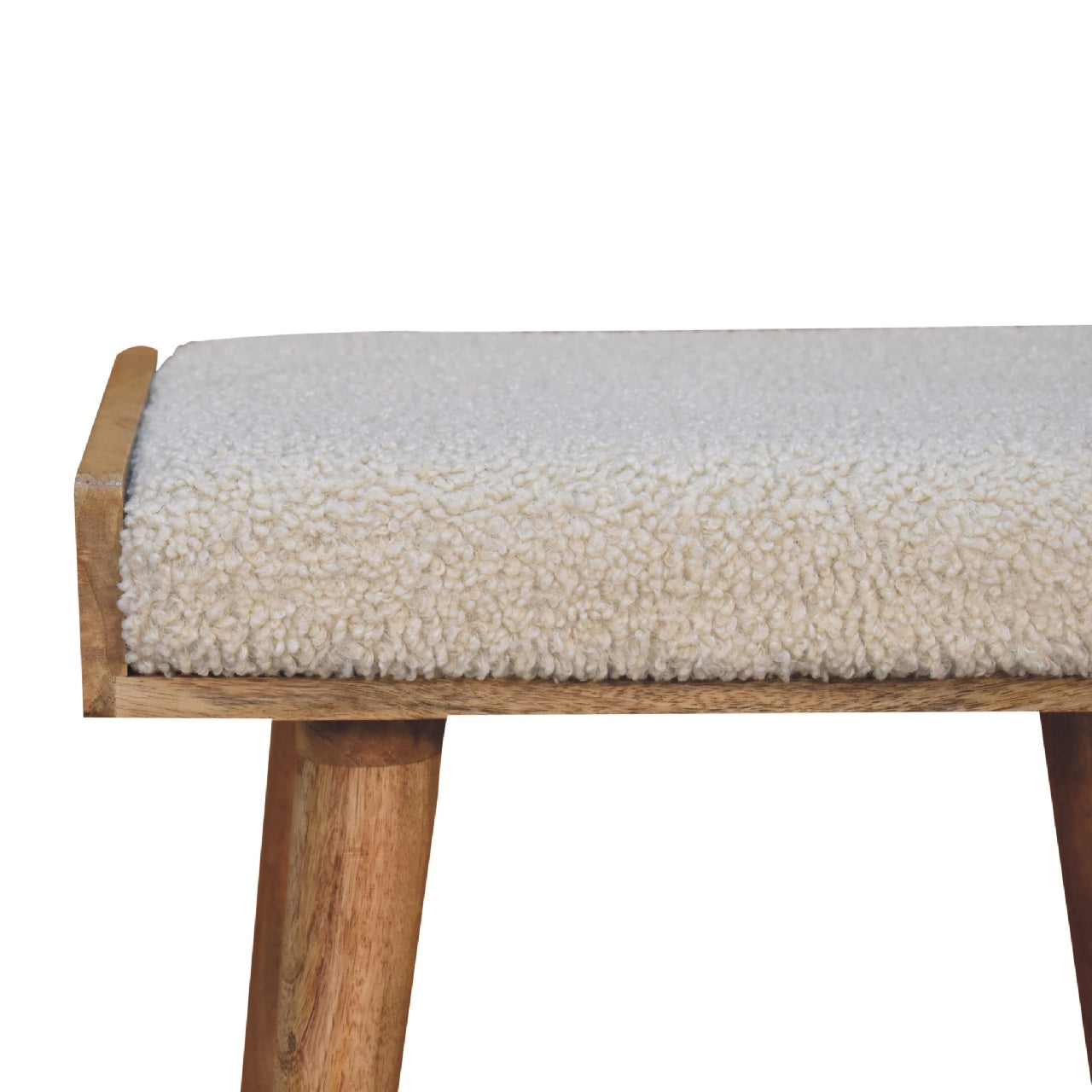 Solid Wood Footstool, Upholstered Tray Style Nordic Legs, Boucle Cream/Beige and Brown