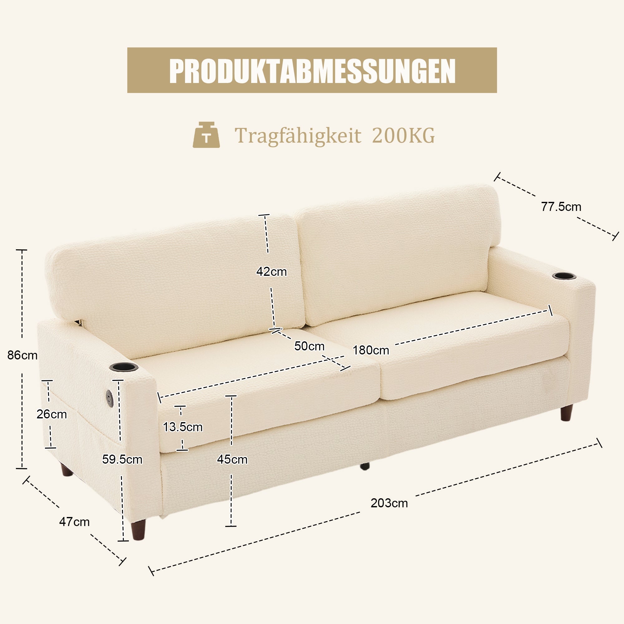 Modern 2-Seater Sofa with USB-C, LED Light, Cupholders, Chenille Beige