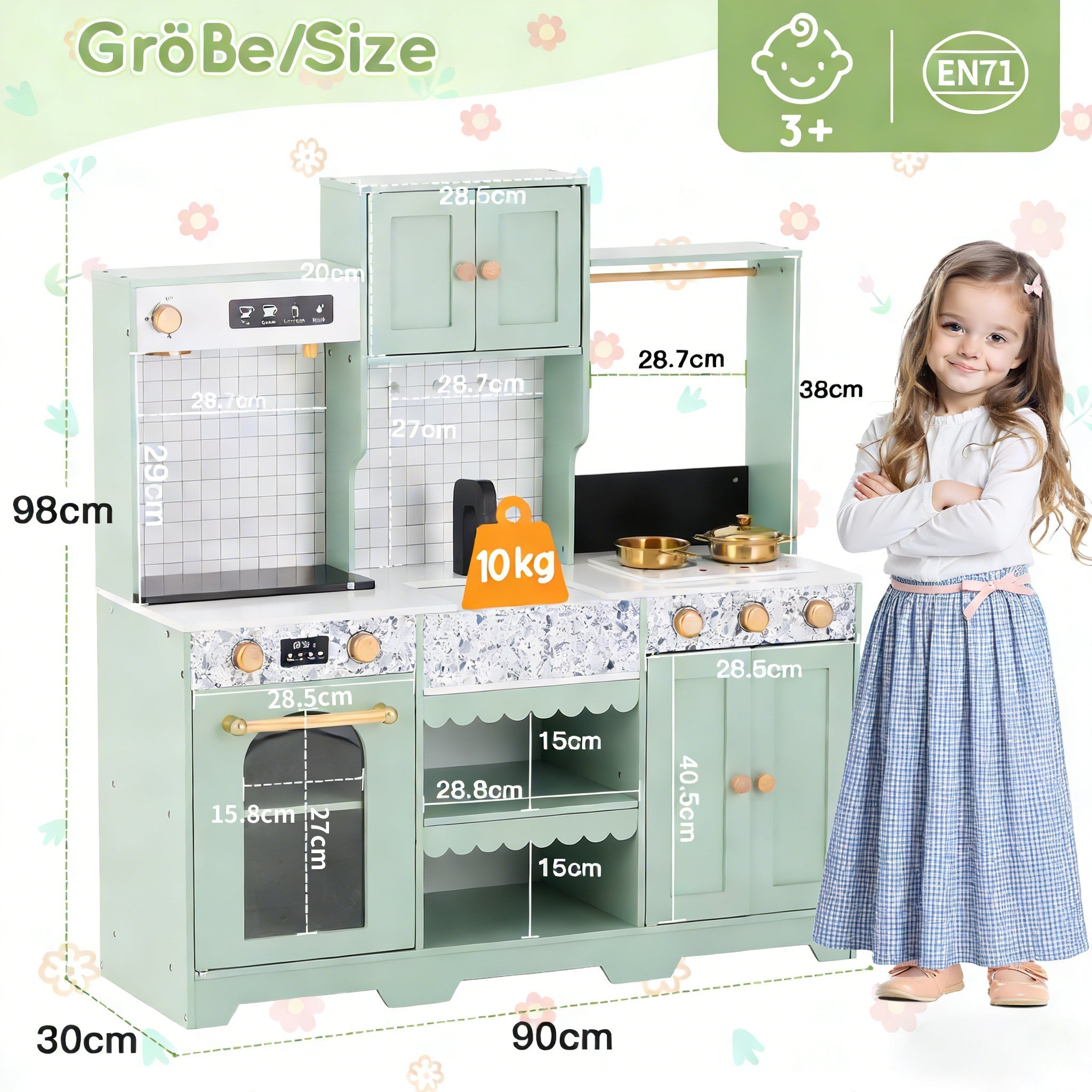 Children's Play Kitchen with Accessories and Creative Design, Green Wood and Plastic