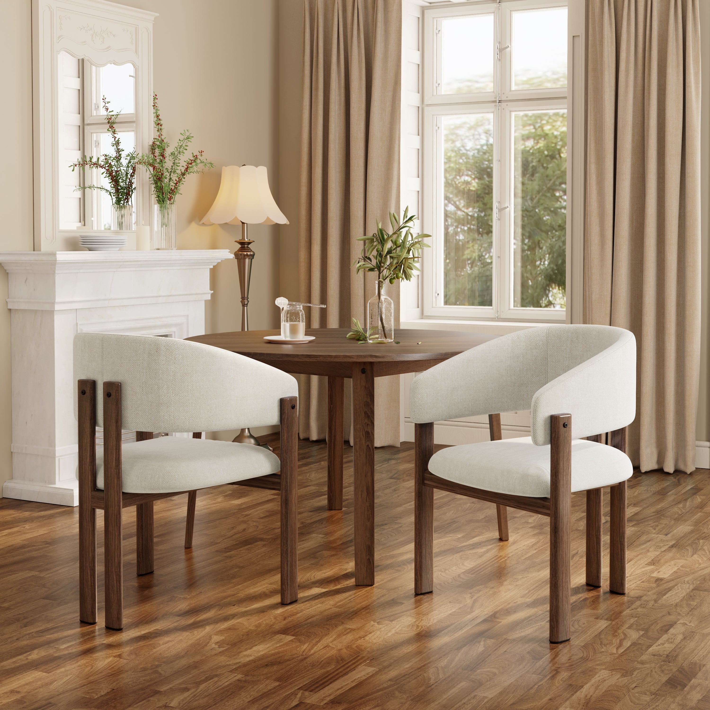 4 Metal Dining Chairs Modern Wood Look Linen Fabric Seat Walnut Color