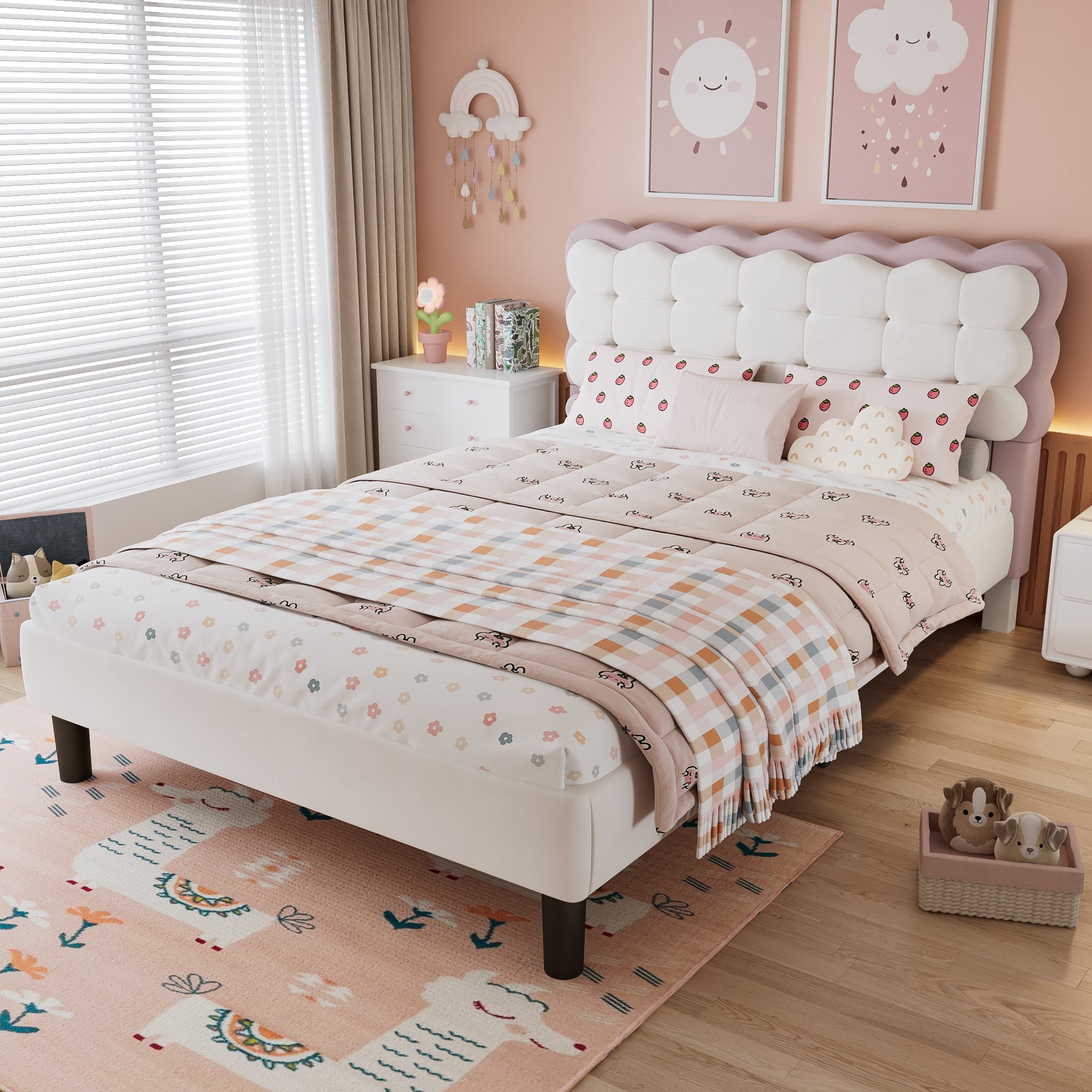 Upholstered Bed, Biscuit Shape Velvet Backrest, 4ft6 Double, Beige+Pink