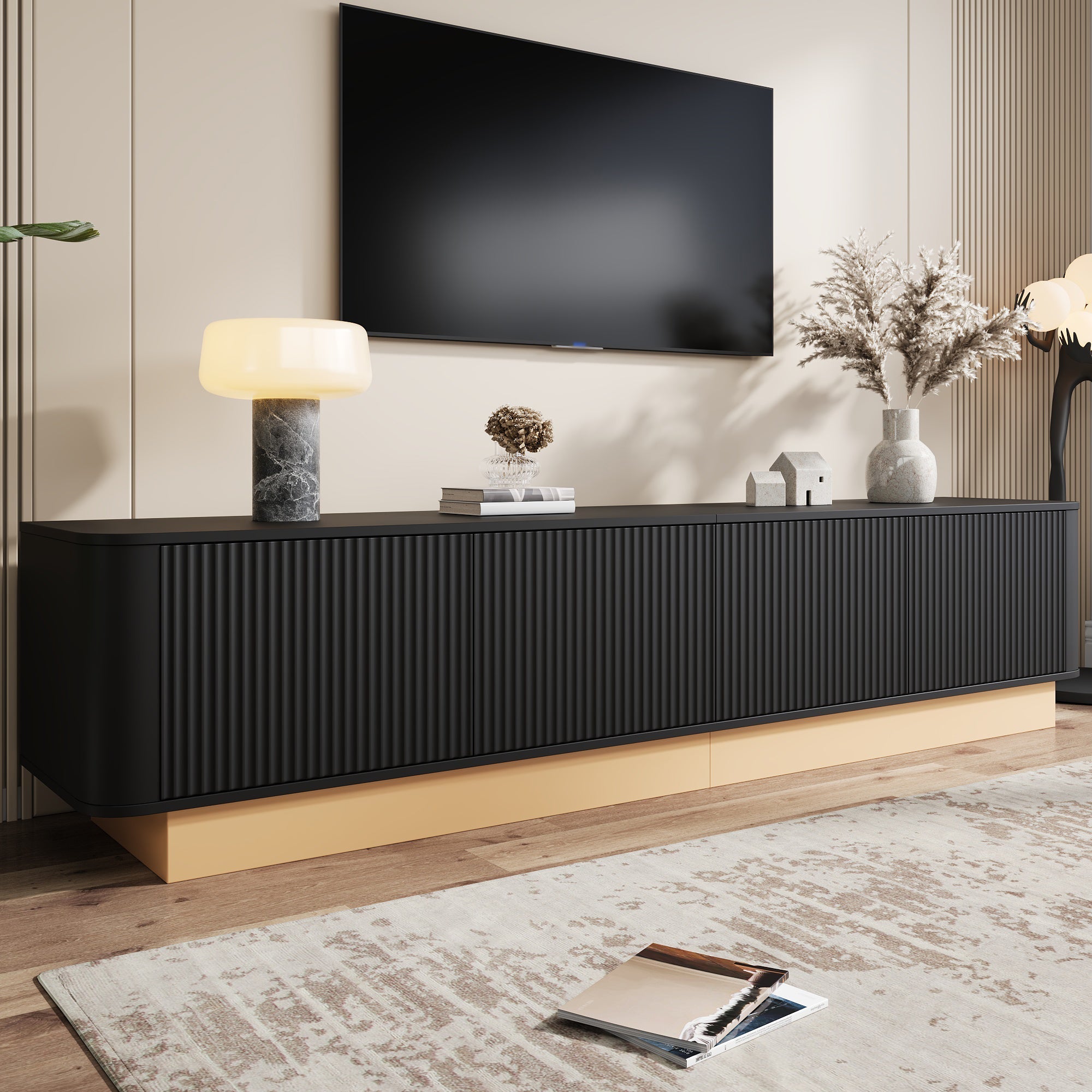200cm TV Lowboard with 4 Doors and Adjustable Shelves, Modern Minimalist Style, MDF Material