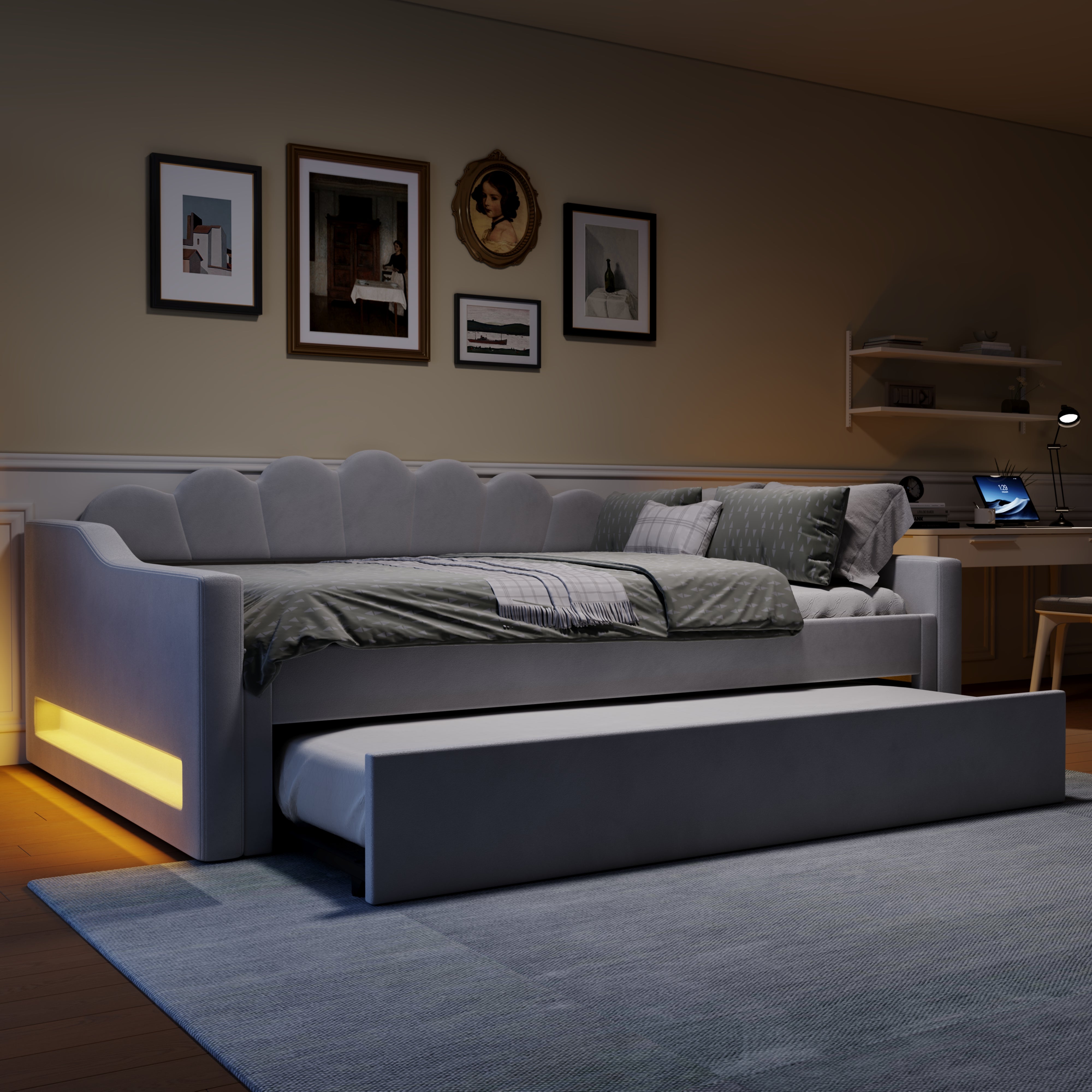 Daybed Upholstered 140x200cm LED Pull-out Bed - Grey