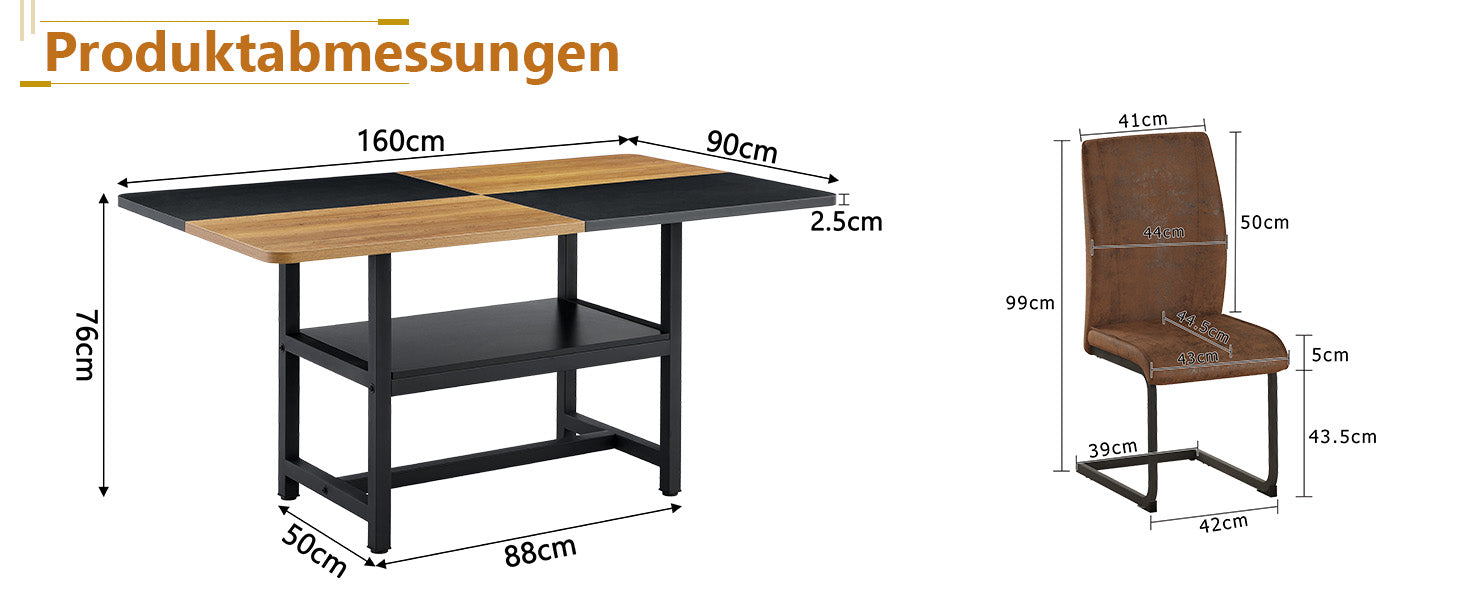 Dining Set Rectangular Table Storage Shelf 4 Armchairs 160x90cm - Brown Tech Fabric