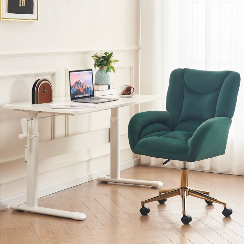 Full KD Velvet Fabric Home Office Chair: Adjustable Height, Swivel, Green with Gold Legs