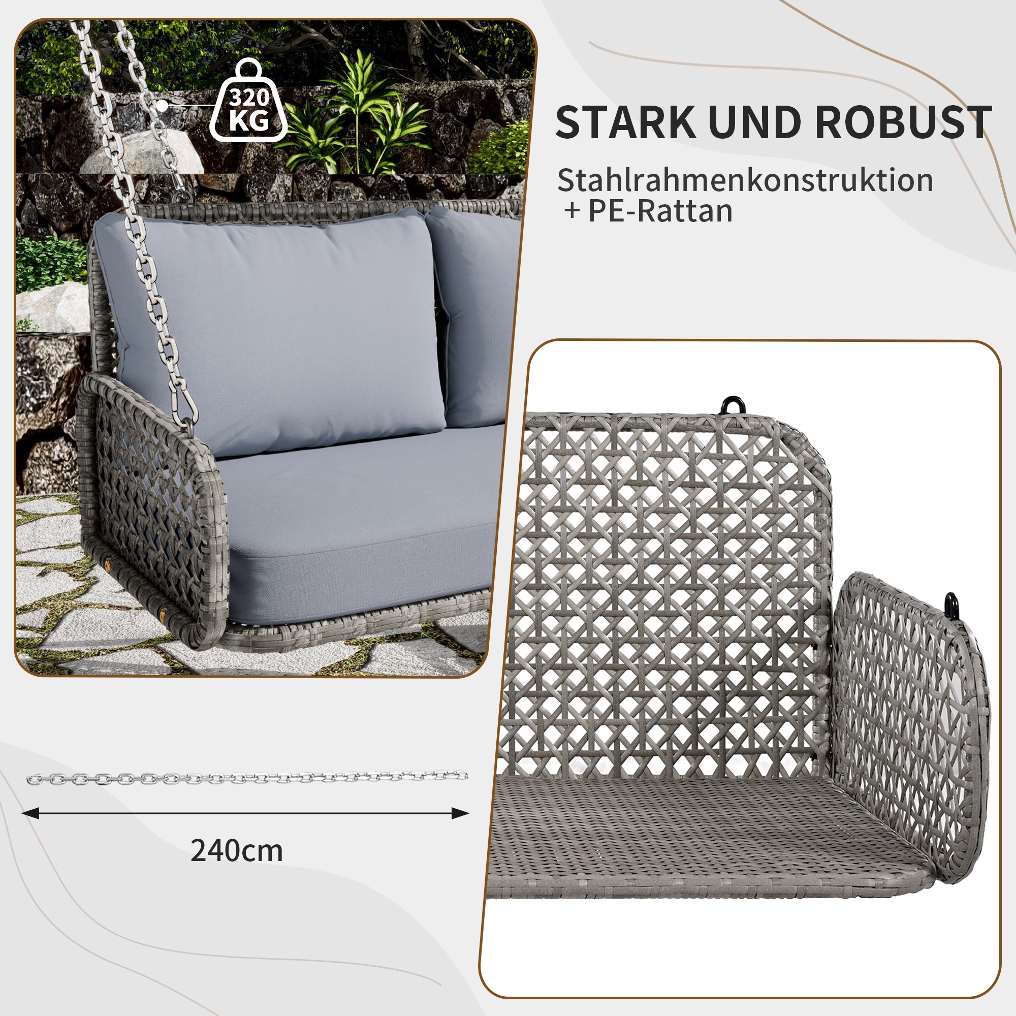 PE Rattan Double Swing Seat with Cushions and Chains, Grey