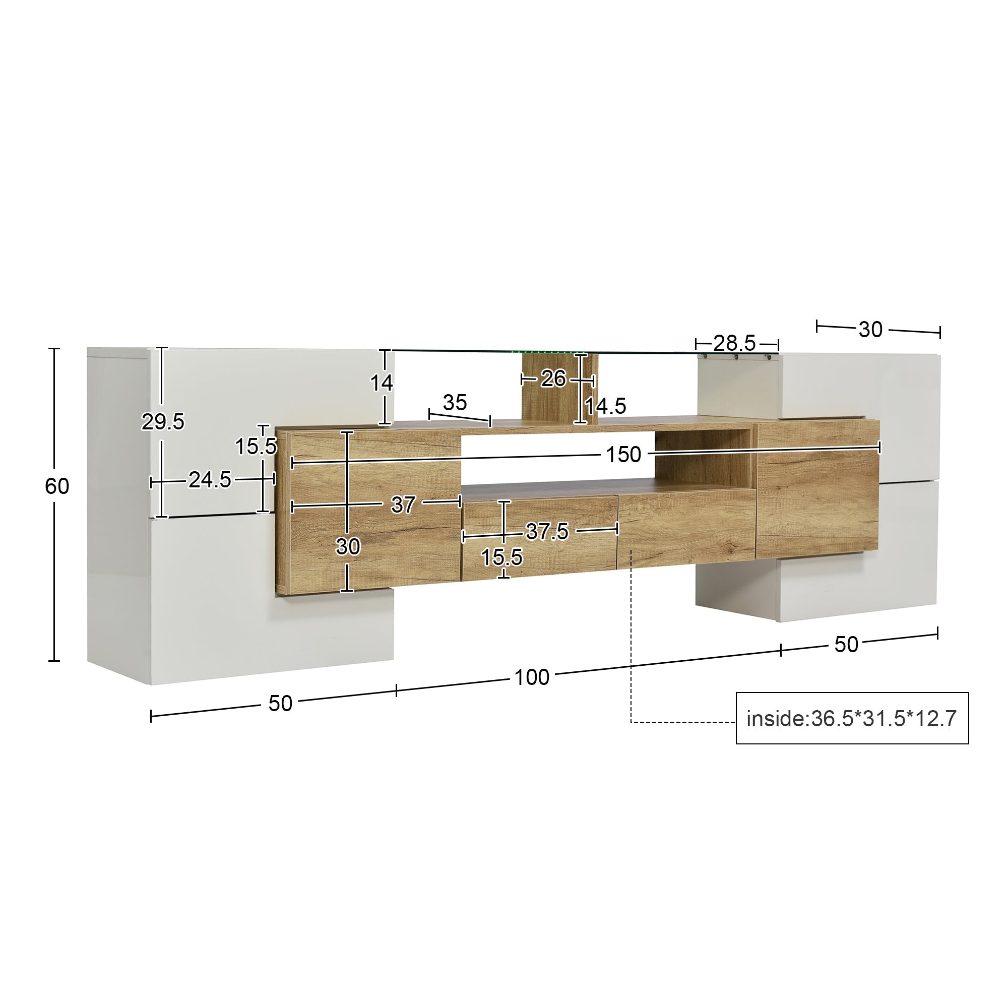 Stylish TV Cabinet Lowboard, 200cm LED Lighting Modern Design - High-Gloss White