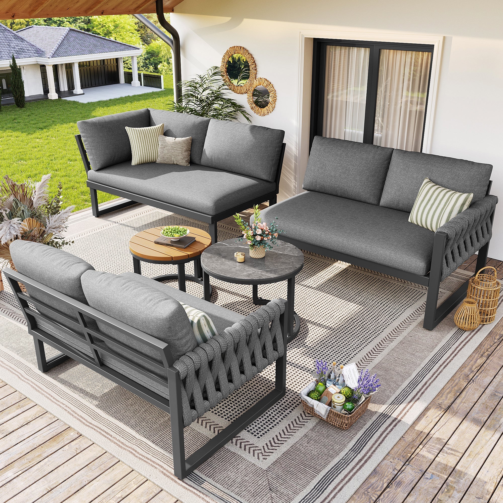 Garden Lounge Set Modular 5-6 Seater Adjustable Legs - Grey
