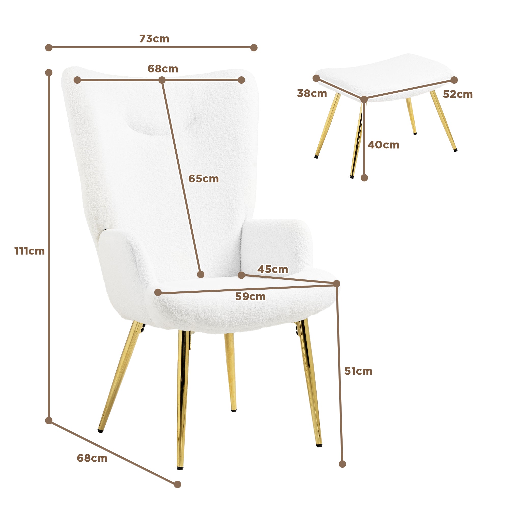 Wingback Chair with Footstool, High Back Armchair, Sherpa White
