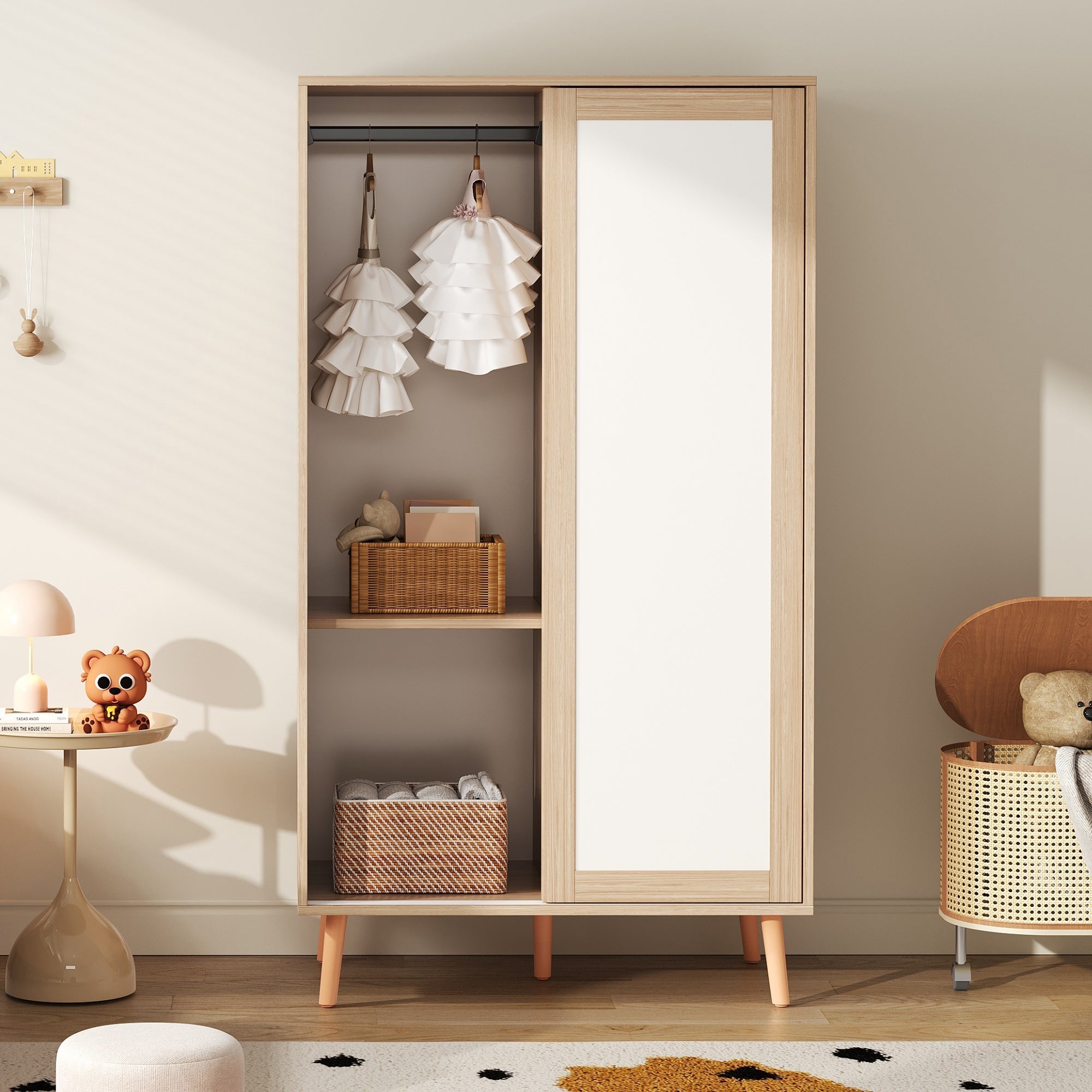Children's Wardrobe Sliding Door Clothes Rail Solid Wood Legs, White/Natural Wood
