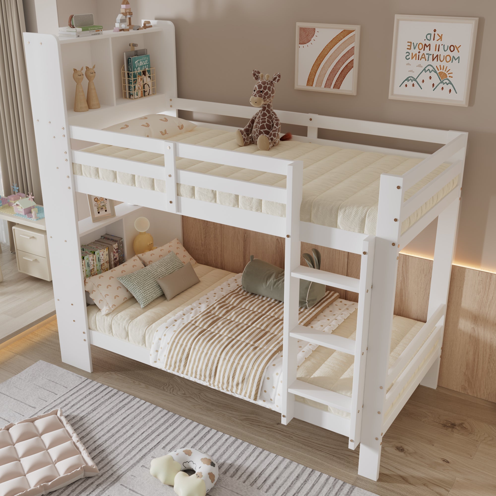 Bunk Bed with Shelves, Ladder & Storage, Solid Wood, White