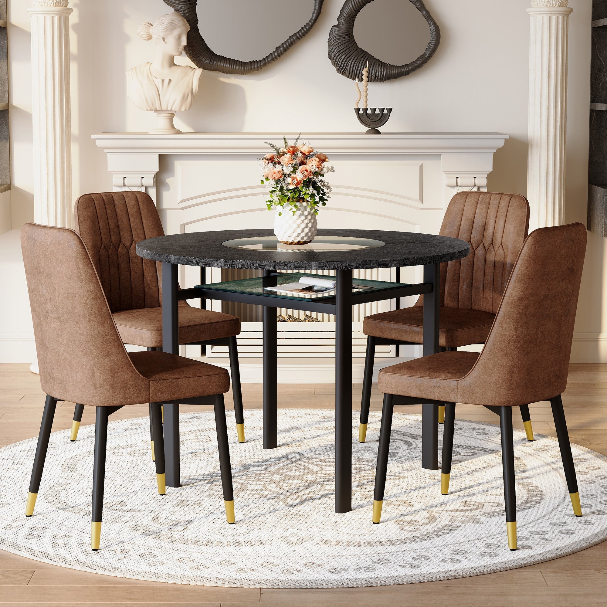 Round Dining Set 100cm 4 Tech Fabric Chairs - Black Wood Look/Brown