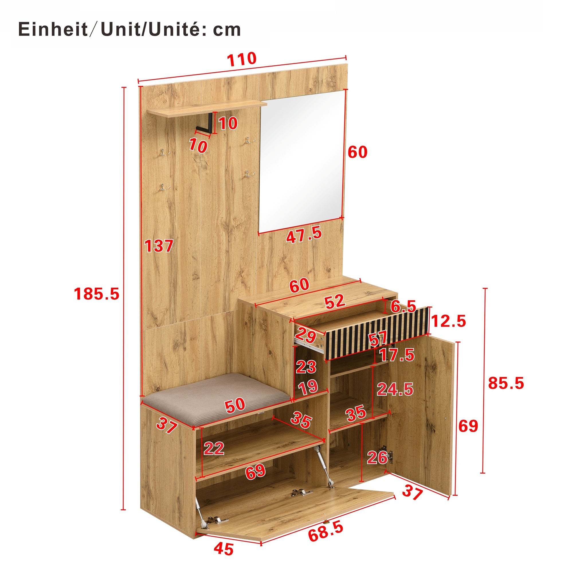Wardrobe Set, Hallway Mirror Cushion Shoe Cabinet, 110x185.5x37cm