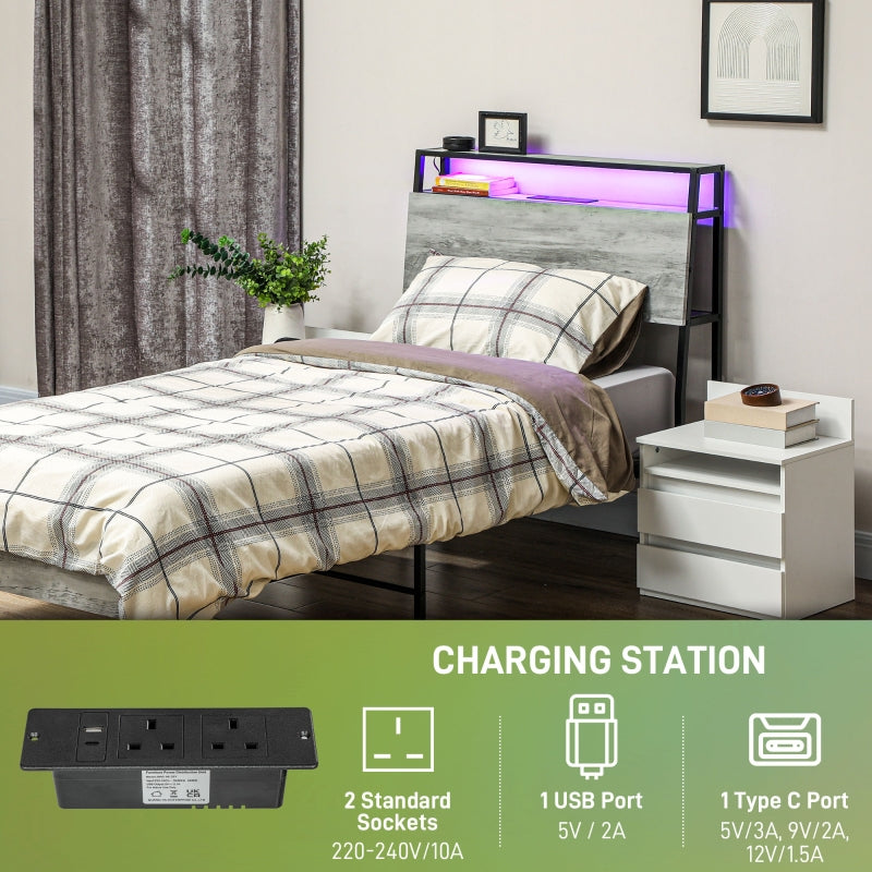 Single Bed Frame with LED Lights and Headboard Shelf, Steel Grey