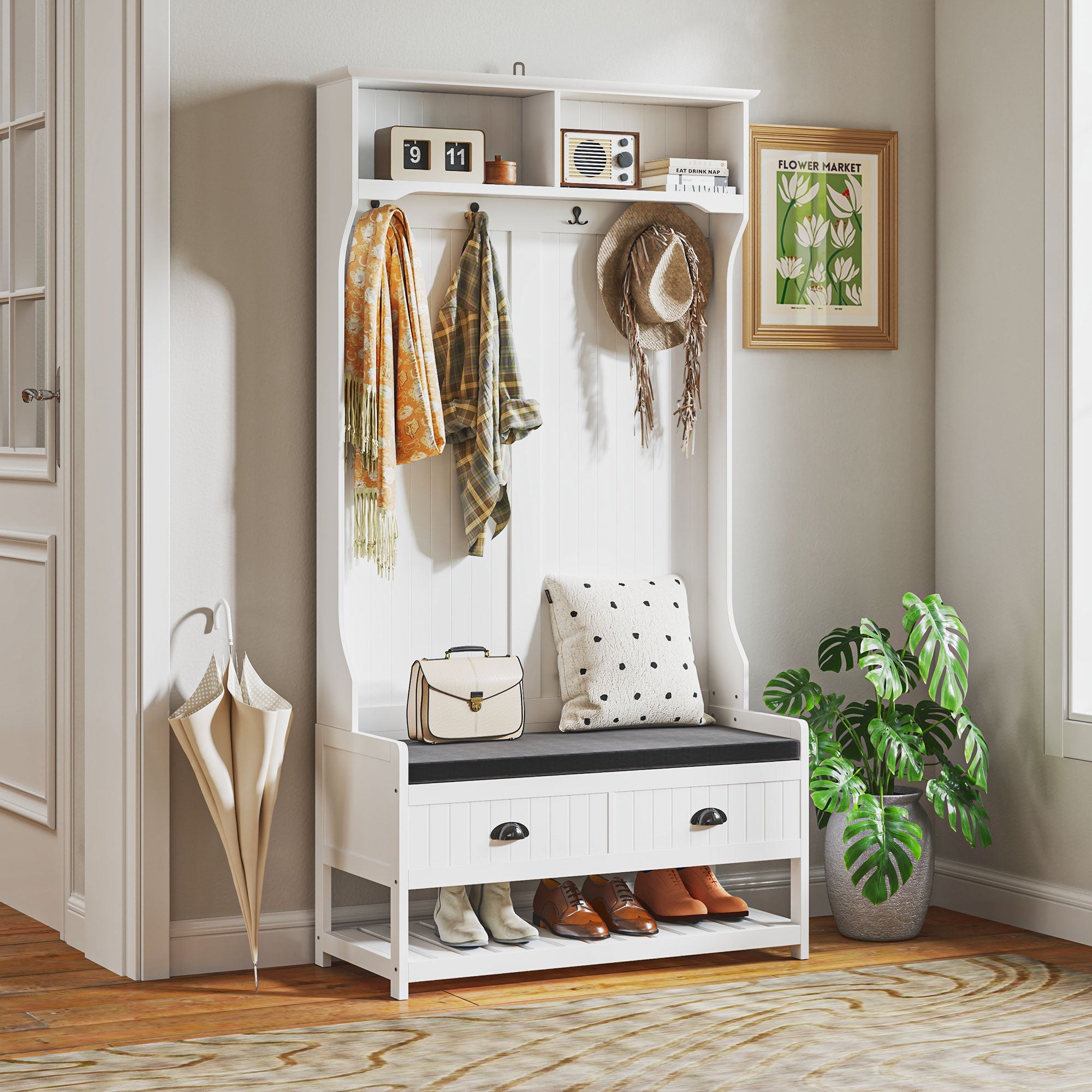 2-in-1 Coat Rack & Wardrobe, Shoe Bench, 4 Hooks, Anti-Tip Protection, White+Grey