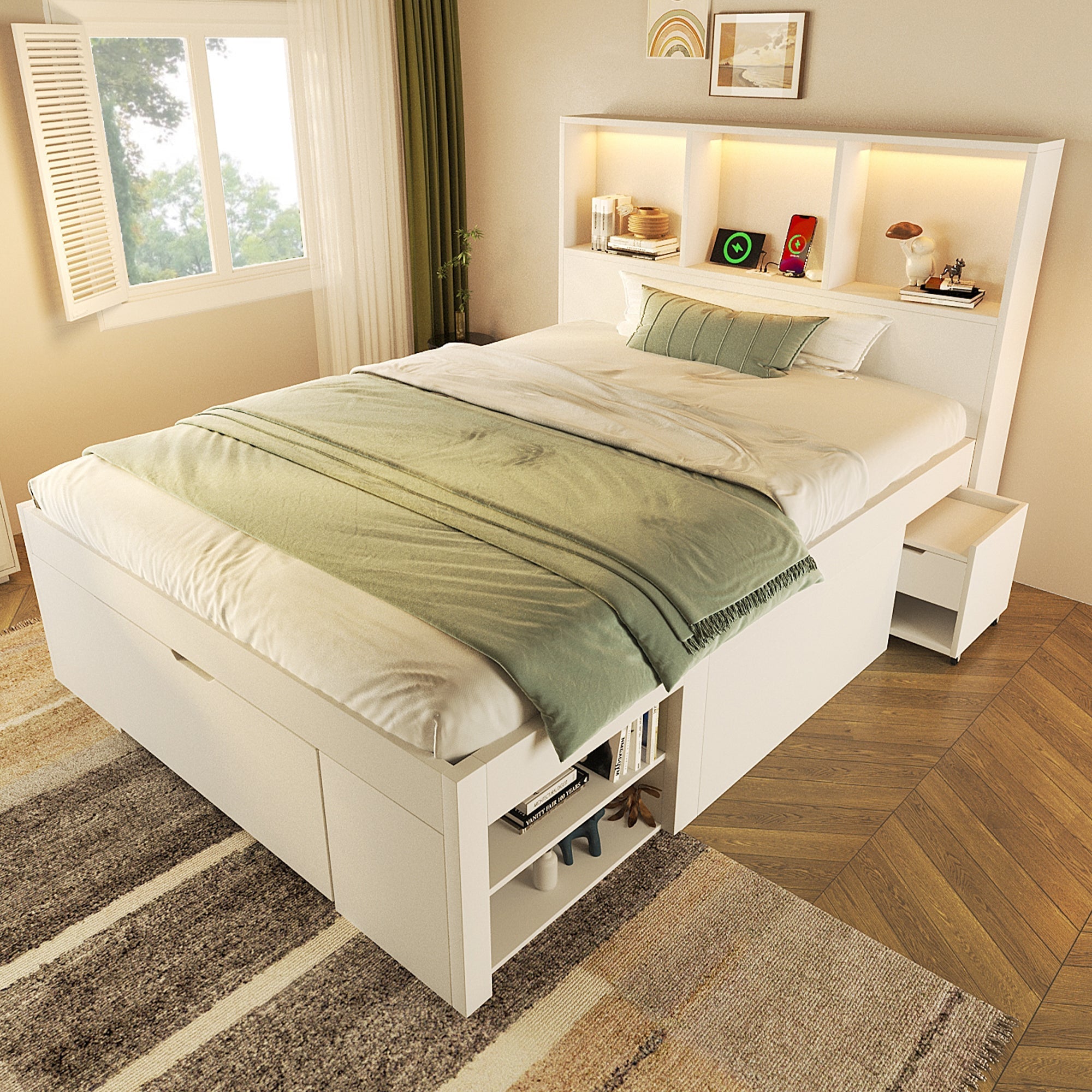 Functional Bed with LED Lighting, USB-C Charging and Storage, White Wood