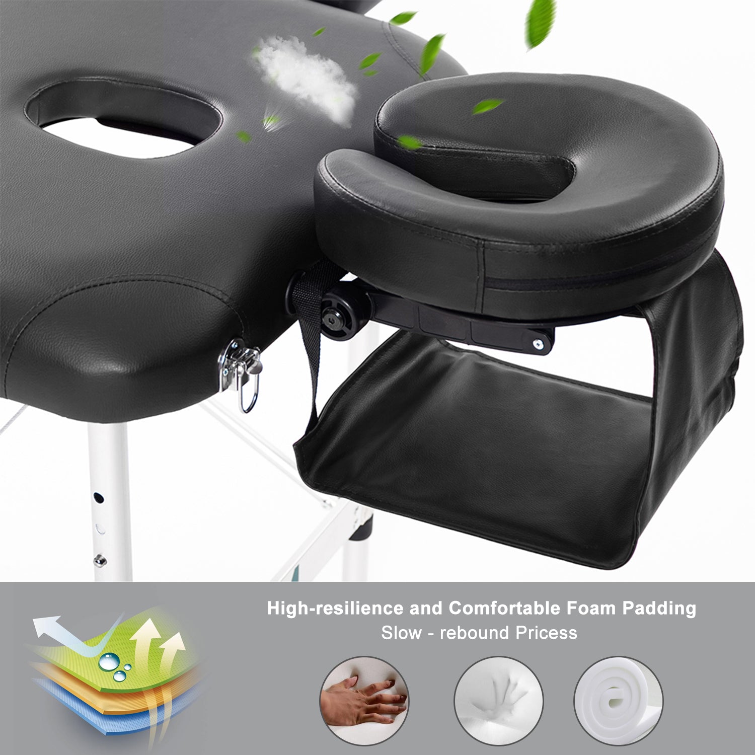 Massage Table Couch Bed Portable Folded 3 Section with Premium PU Leather and 5 cm High Density Multi-Layer Foam, Headrest, Arm Support and Carrying Bag Black