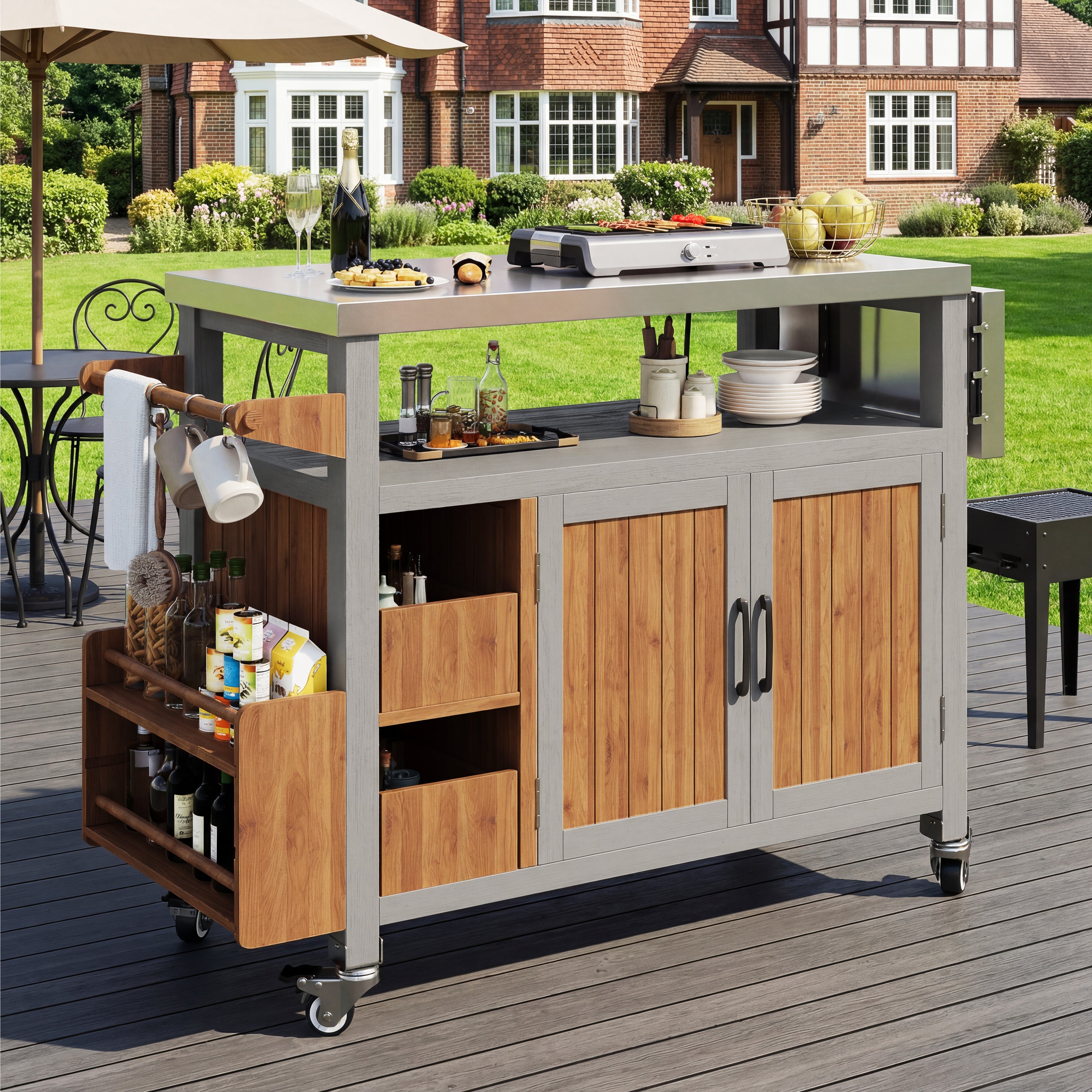 BBQ Side Table with Stainless Steel Worktop and Pull-out Shelf, Solid Wood