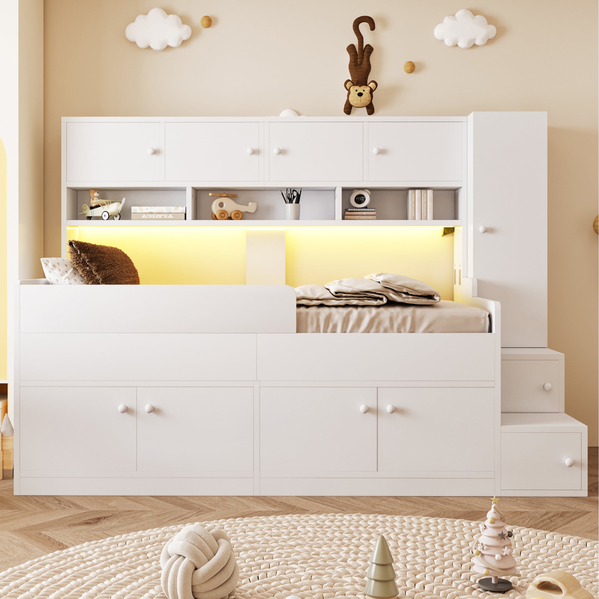 Wooden Children's Bed with Storage, Wardrobe, Ladder and LED Lighting, 90x200cm, White Wood