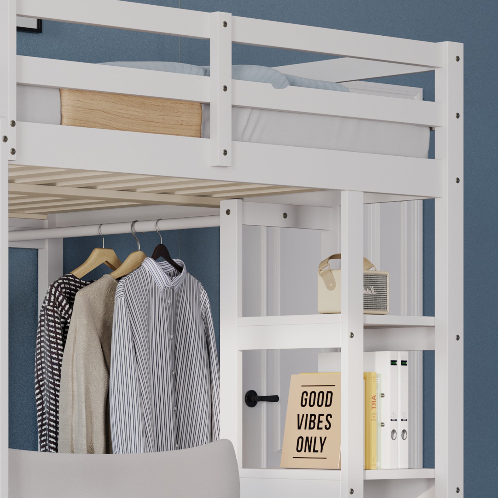 Loft Bed with Desk and Shelves, Solid Wood White and Grey