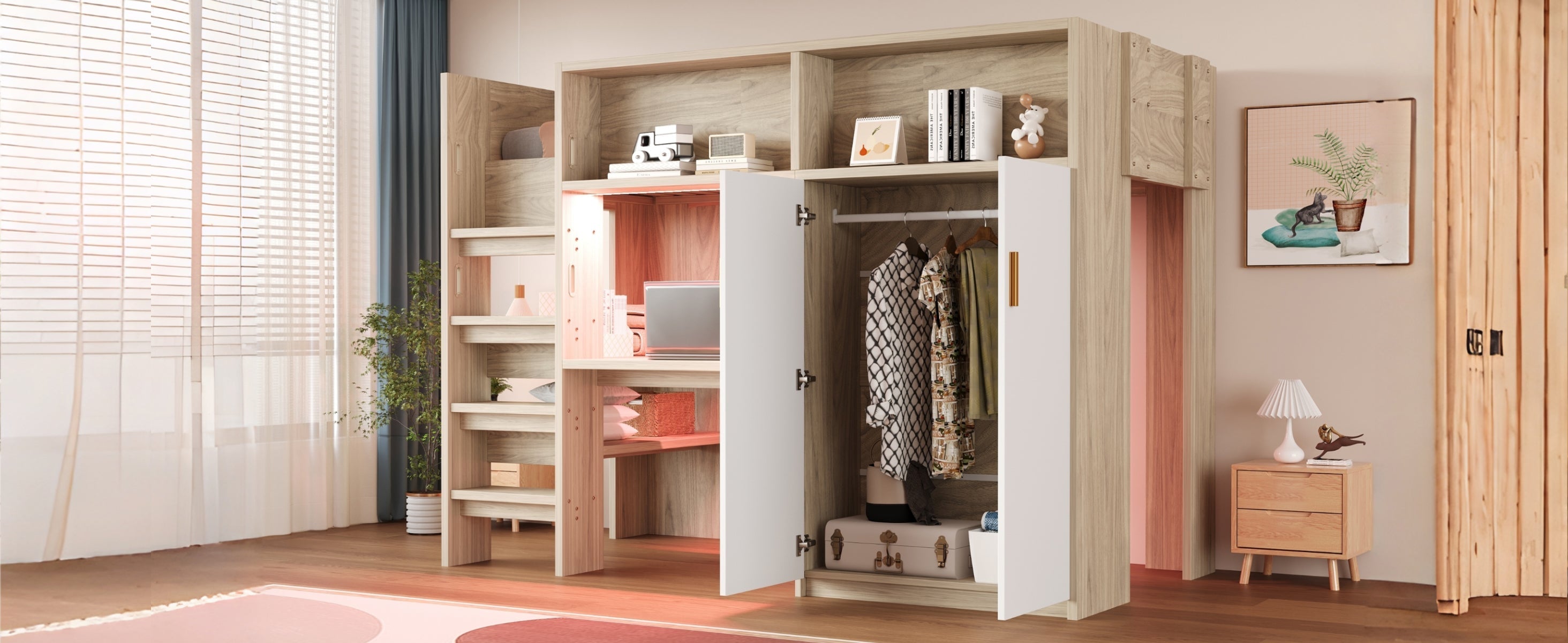Multifunctional Loft Bed with Desk, Wardrobe, Shelf and LED Lighting, Wood Color