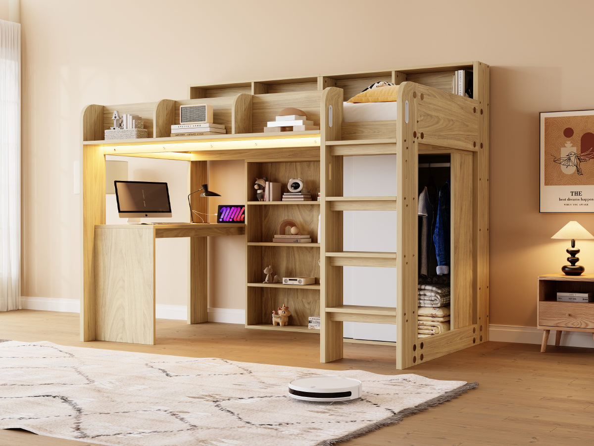 Multifunctional Loft Bed with Desk, Wardrobe, LED Lighting and Power Outlet, Wood Color